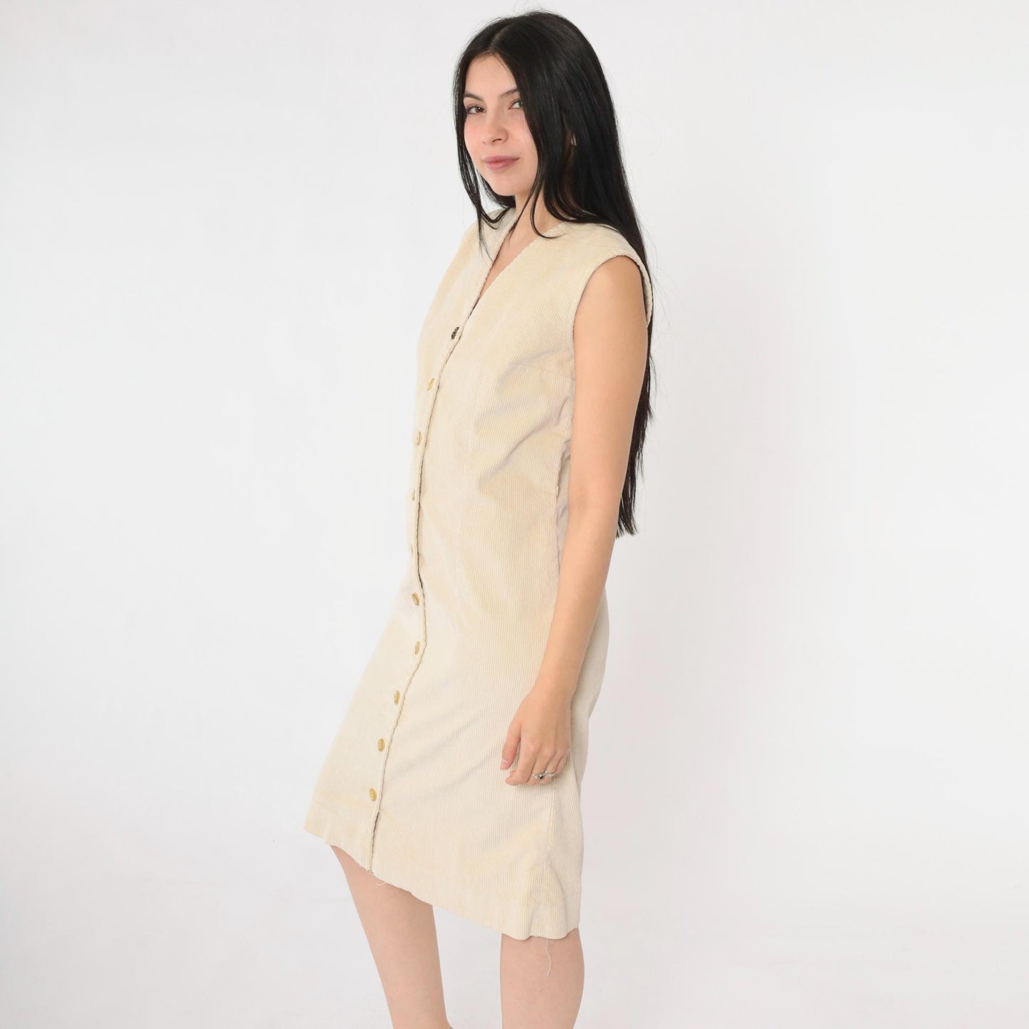 90s Beige Corduroy Button-Up Dress Sleeveless Knee-Length Jumper Small S
