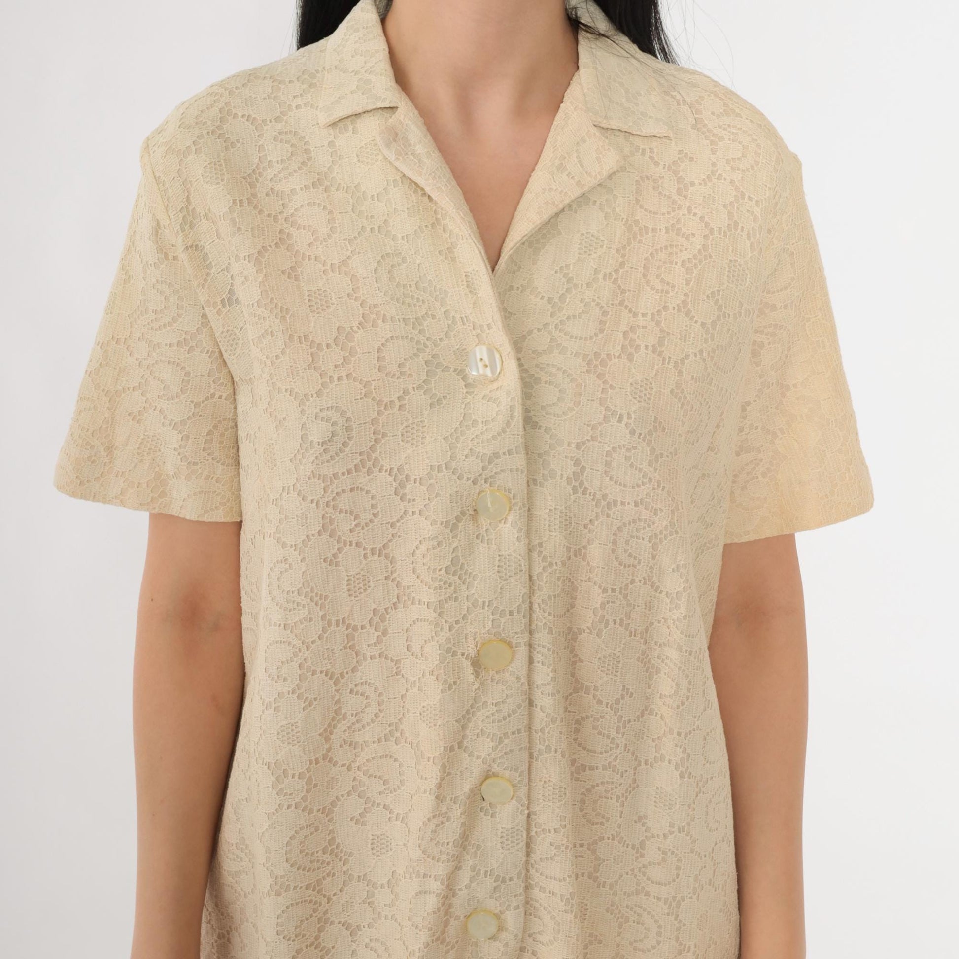 60s Cream Lace Shift Dress Button Front Knee Length Short Sleeve Medium M