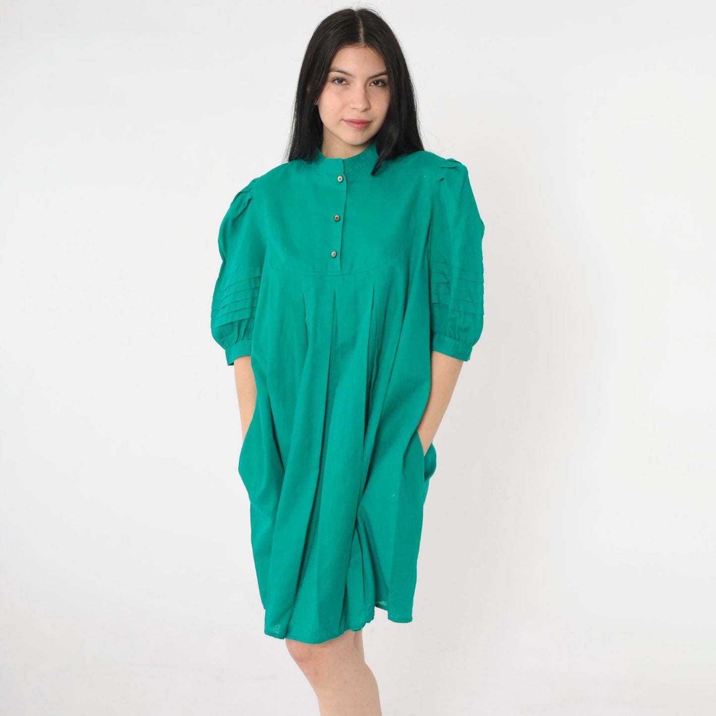 80s Jordache Green Puff Sleeve Mini Dress Pleated Tent Cut Button Bib Medium