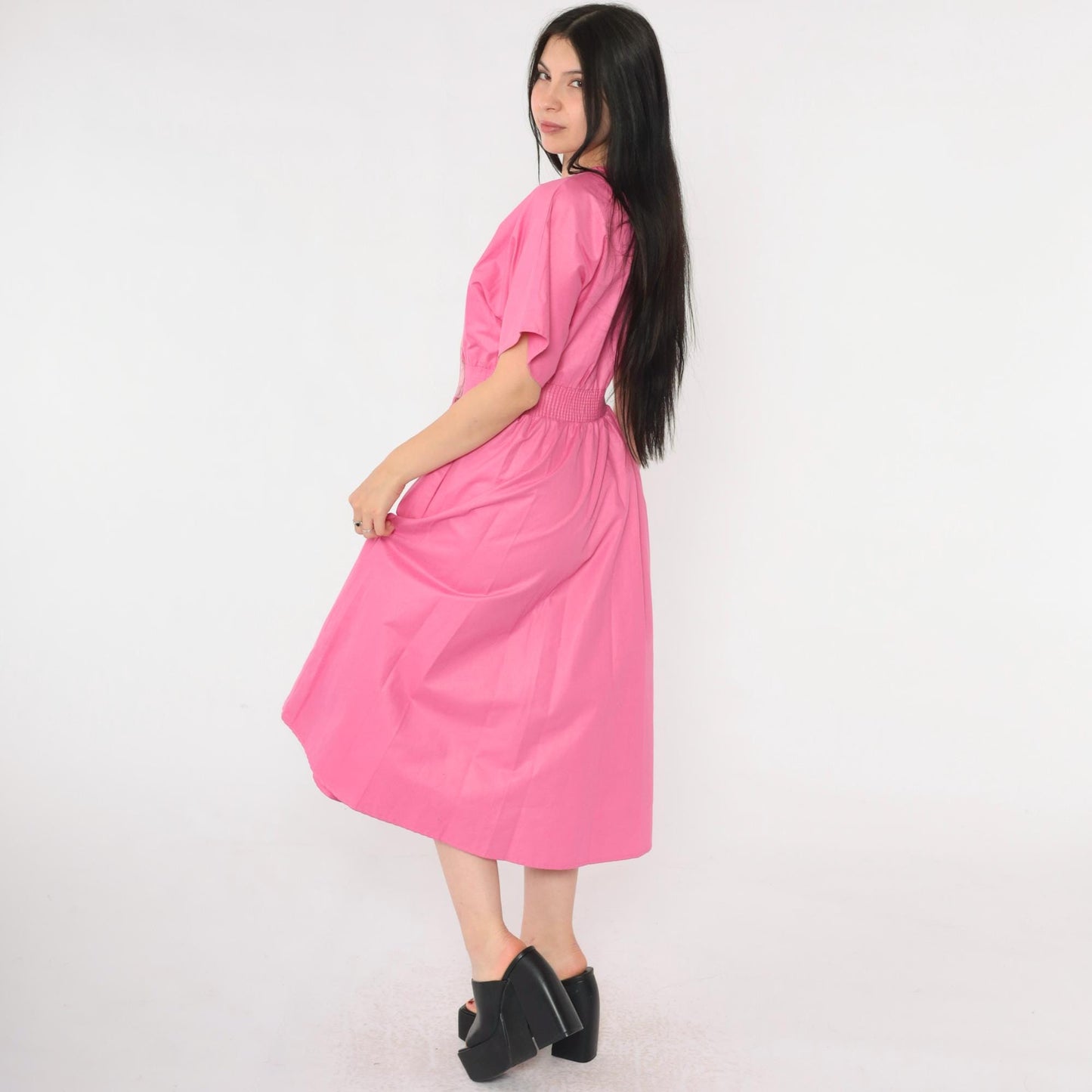 80s Pink Poplin Midi Dress White Lapel Double Breasted Elastic Waist Small