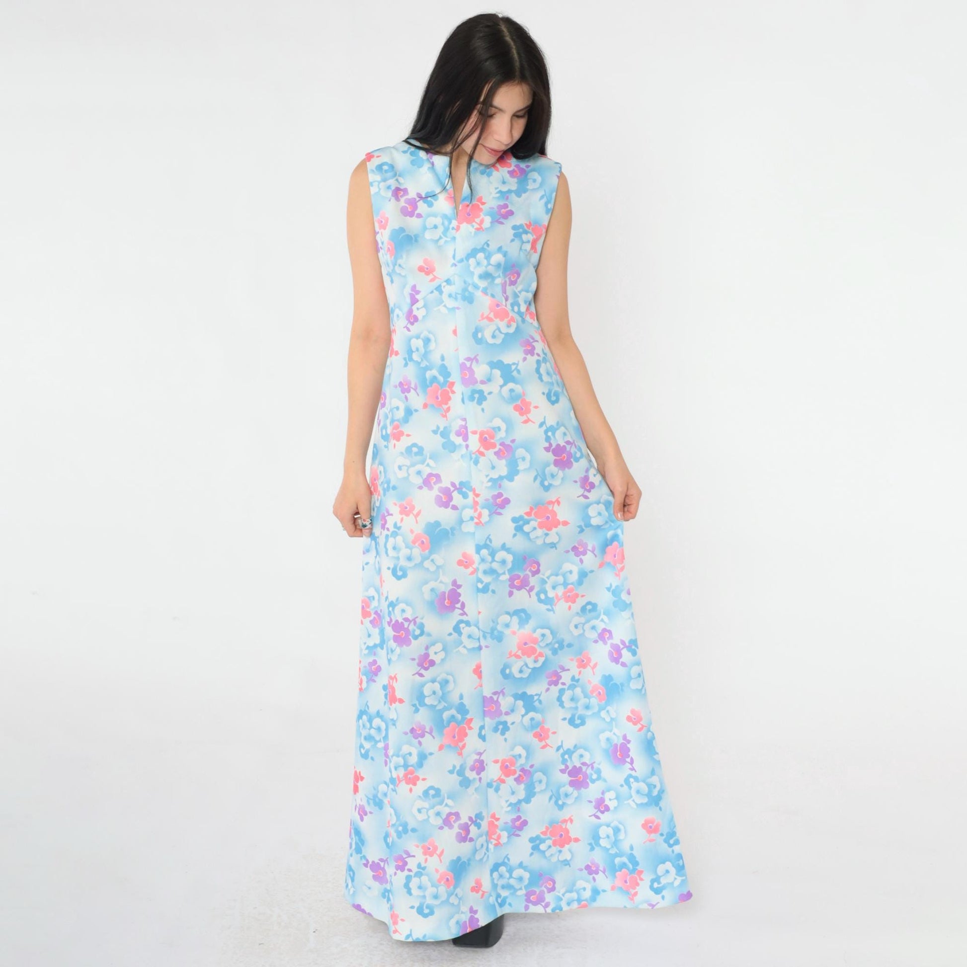 70s Floral Maxi Dress Blue Pink Botanical Print High Waist Slit Neck Small Medium