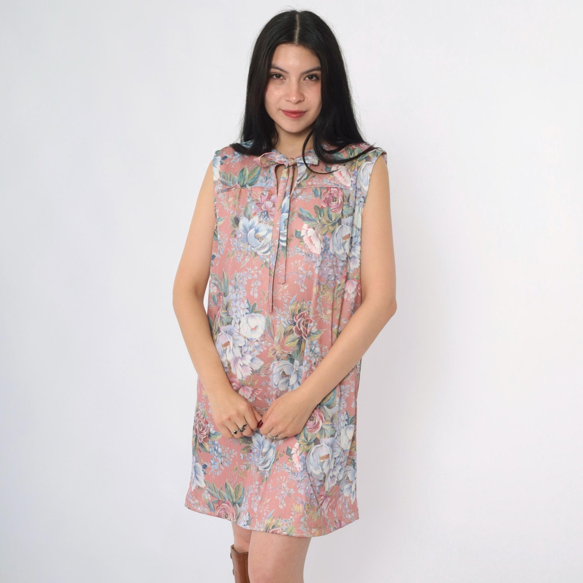 70s Mod Floral Shift Dress Dusty Pink Keyhole Tie Neck Sleeveless Mini Large L