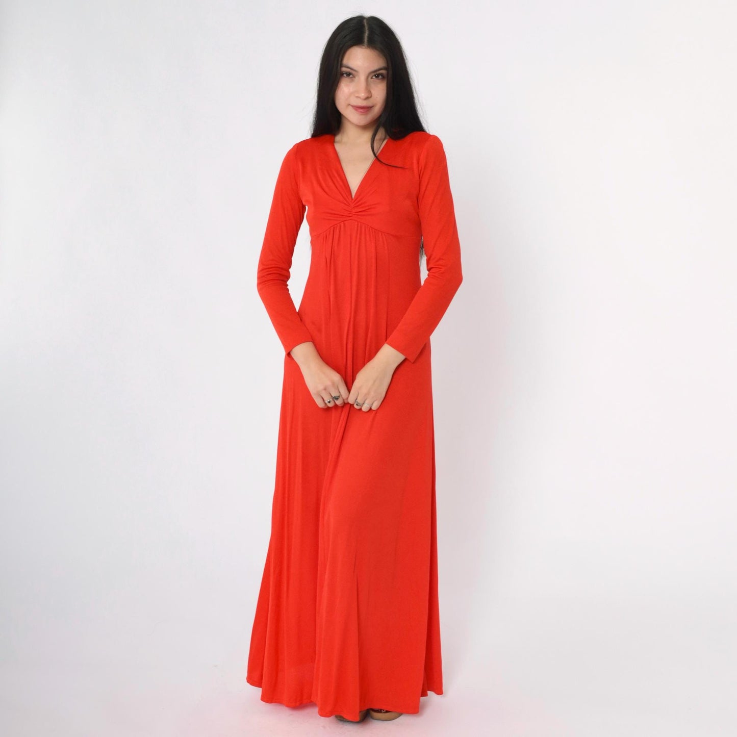70s Red Maxi Dress Empire Waist V-Neck Long Sleeve Small S
