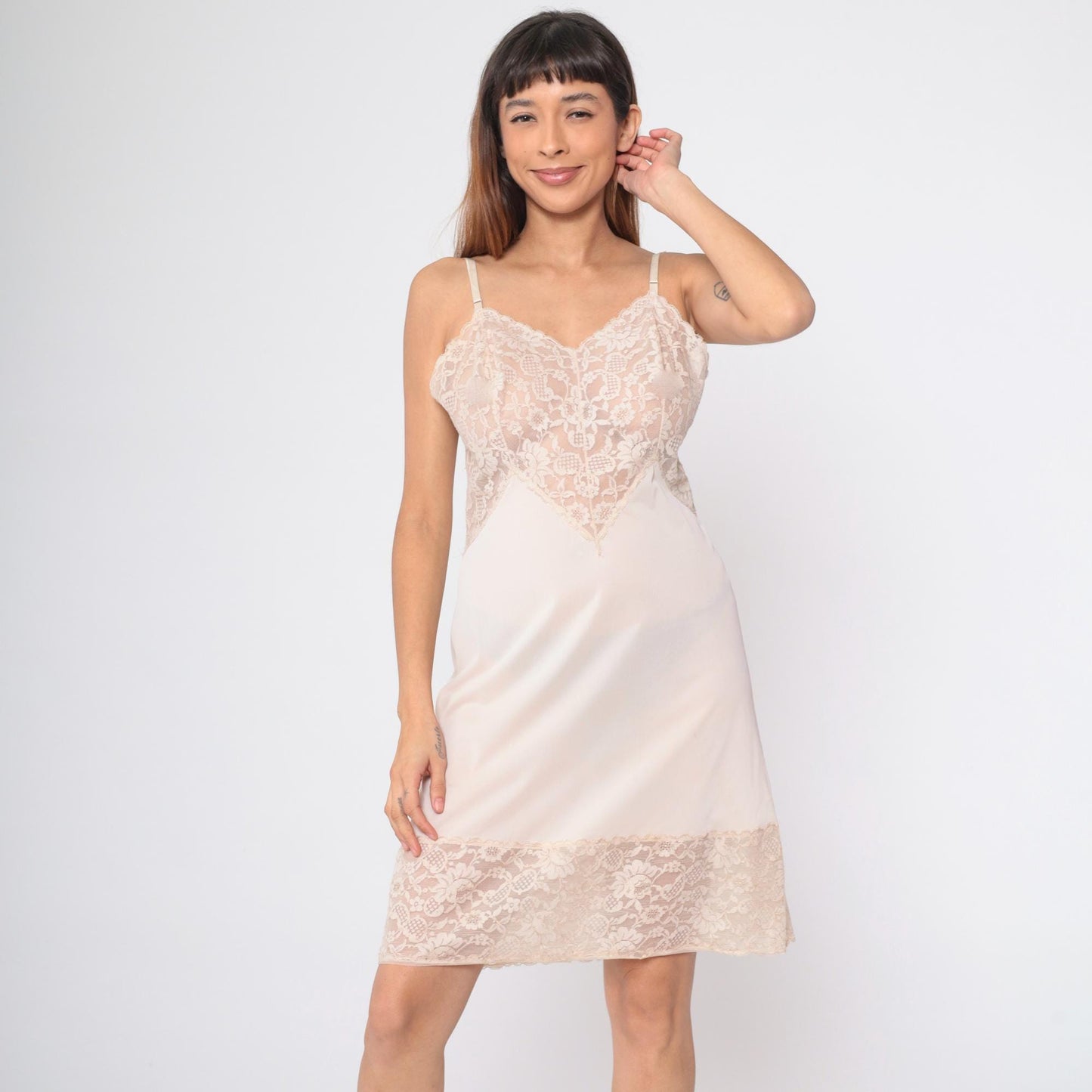 70s Vanity Fair Slip Dress Blush Beige Lace Trim Empire Waist Mini Medium
