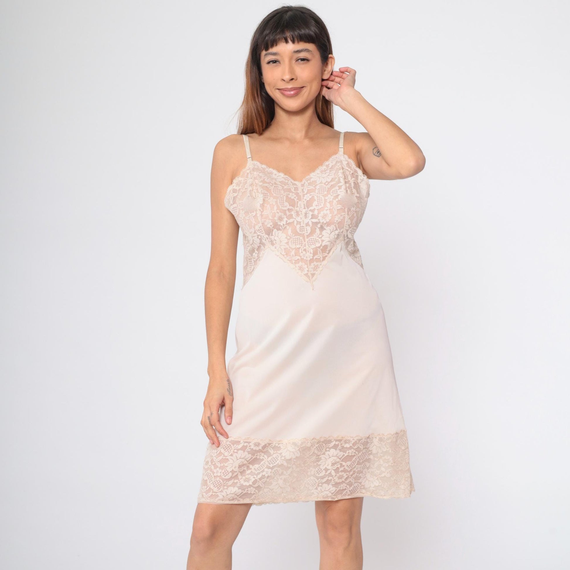 70s Vanity Fair Slip Dress Blush Beige Lace Trim Empire Waist Mini Medium