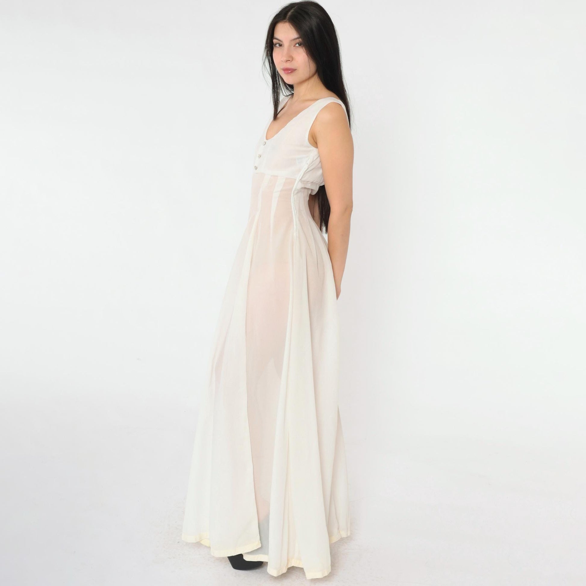 1940s Sheer White Sleeveless Gown Rhinestone Button Empire Waist Floor-Length Small