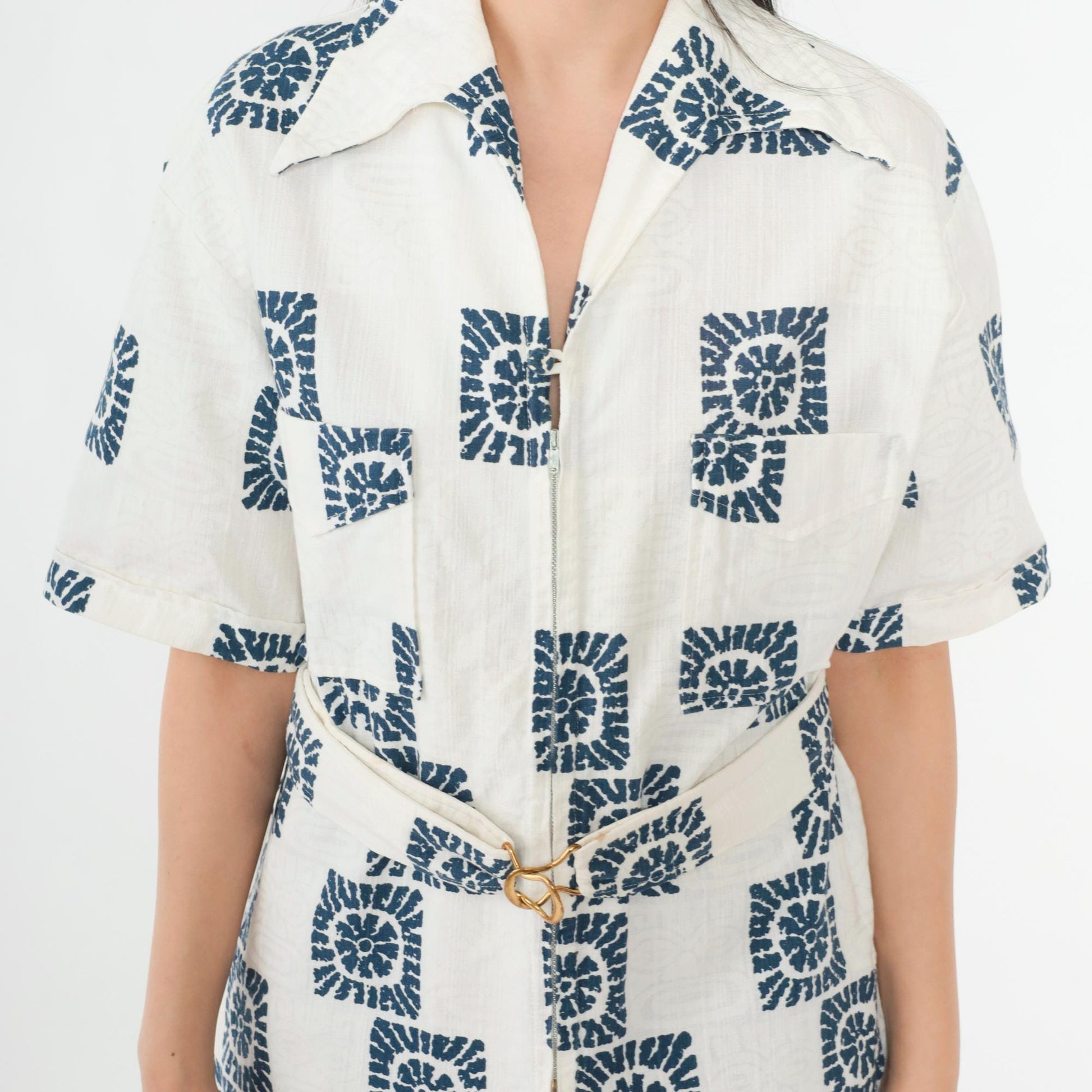 70s Iolani Hawaii Navy Sunburst Cotton Zip Shirt Geometric Print Large
