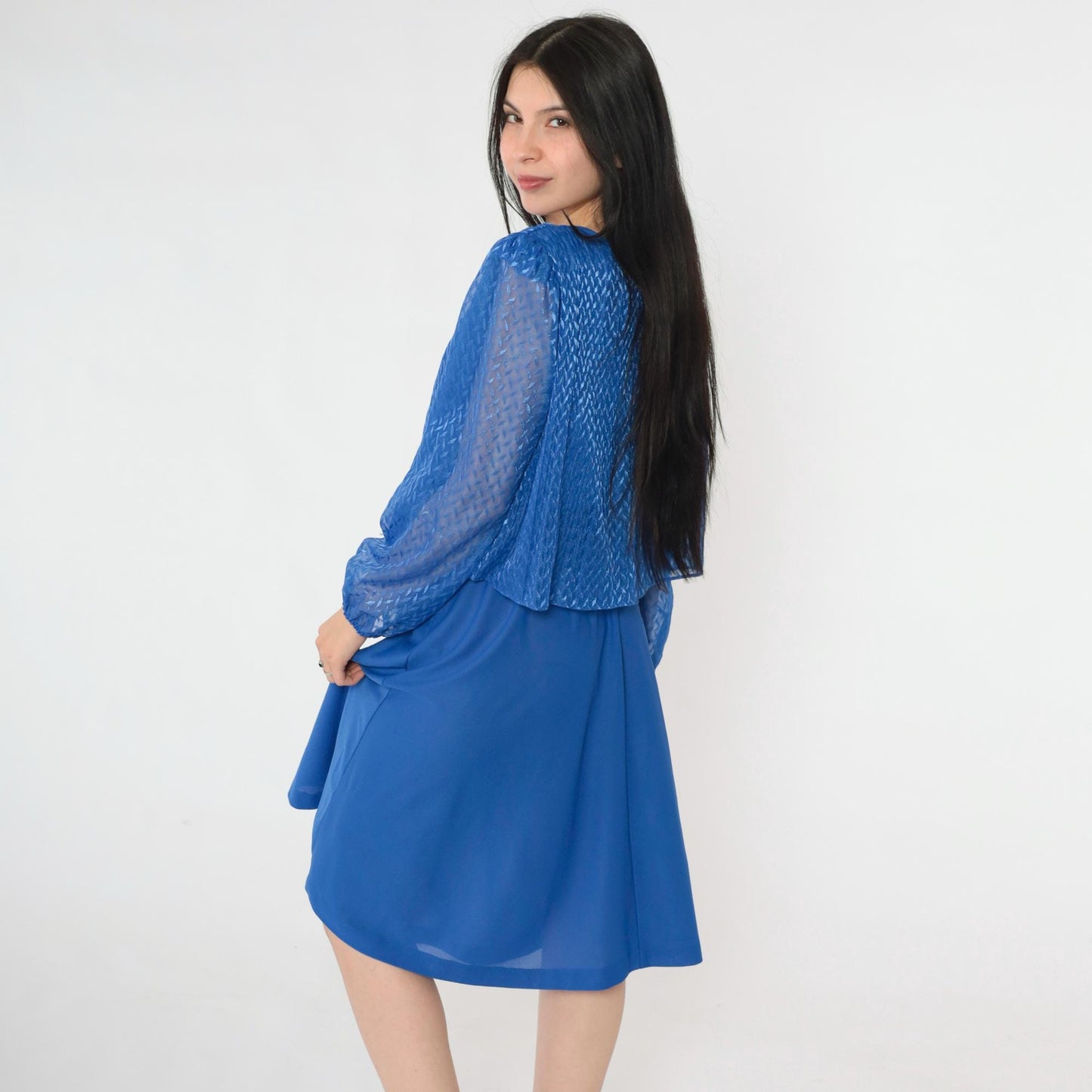 80s Royal Blue Midi Dress Puff Sleeve High Waist Pleated Bodice Small