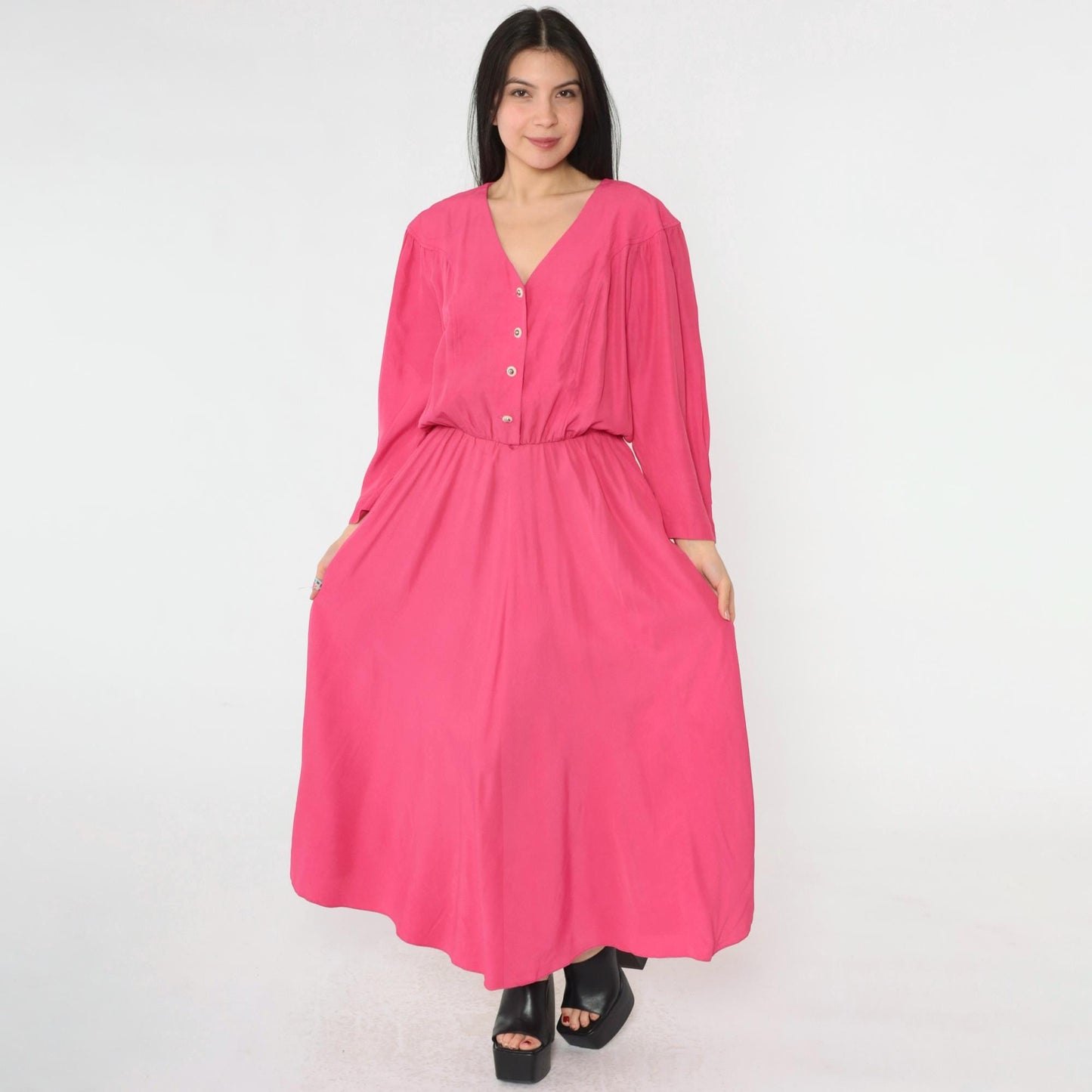 80s S.L. Fashions Hot Pink Button-Up Midi Dress V-Neck Long Sleeve Large