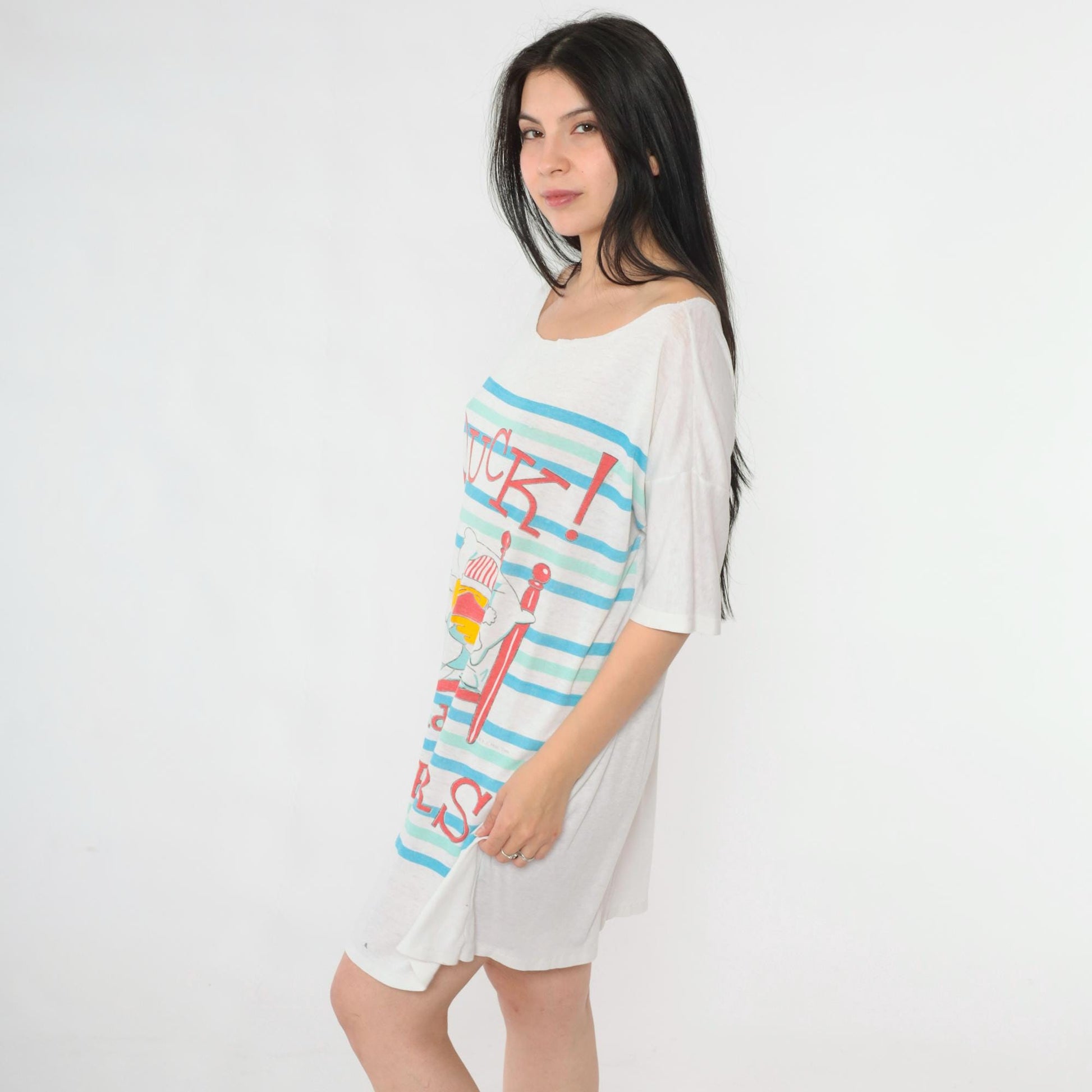80s Duck and Covers Nightshirt Striped Cotton Sleep Tee Graphic Dress