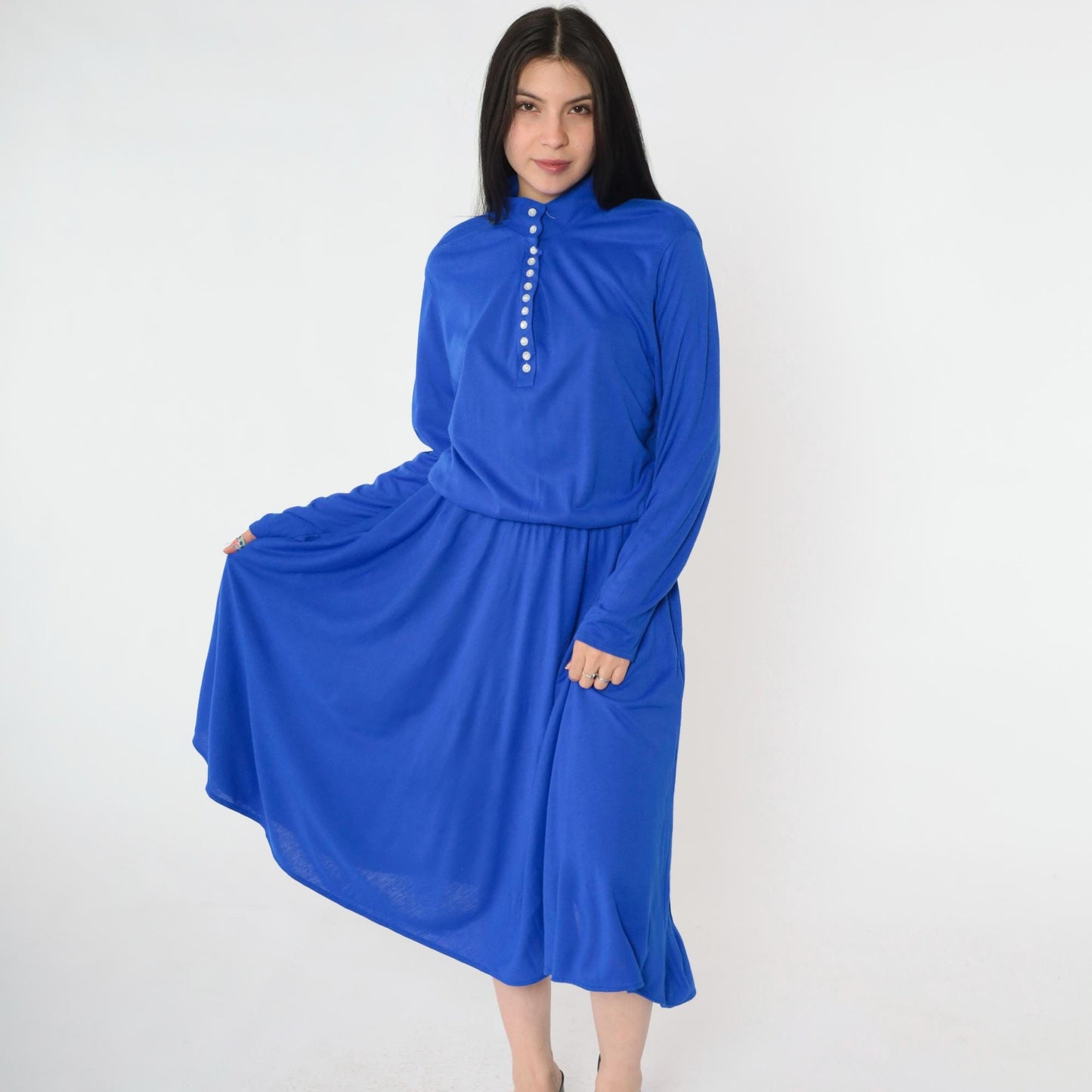 80s Royal Blue Midi Shirtdress Button-Up High Elastic Waist Long Sleeve Medium