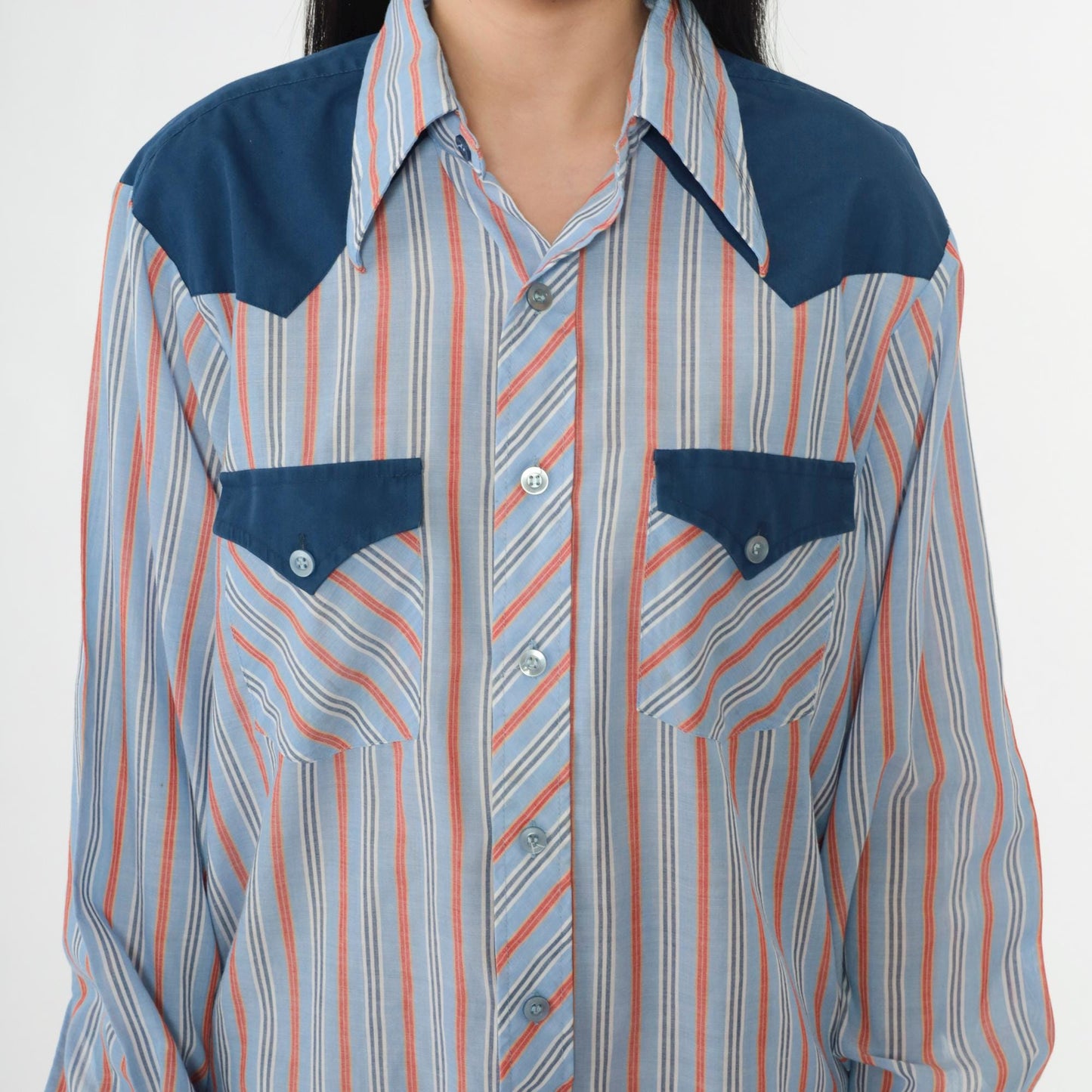 70s Western Shirt Blue Orange Striped Pearl Snap Dagger Collar Men's Medium
