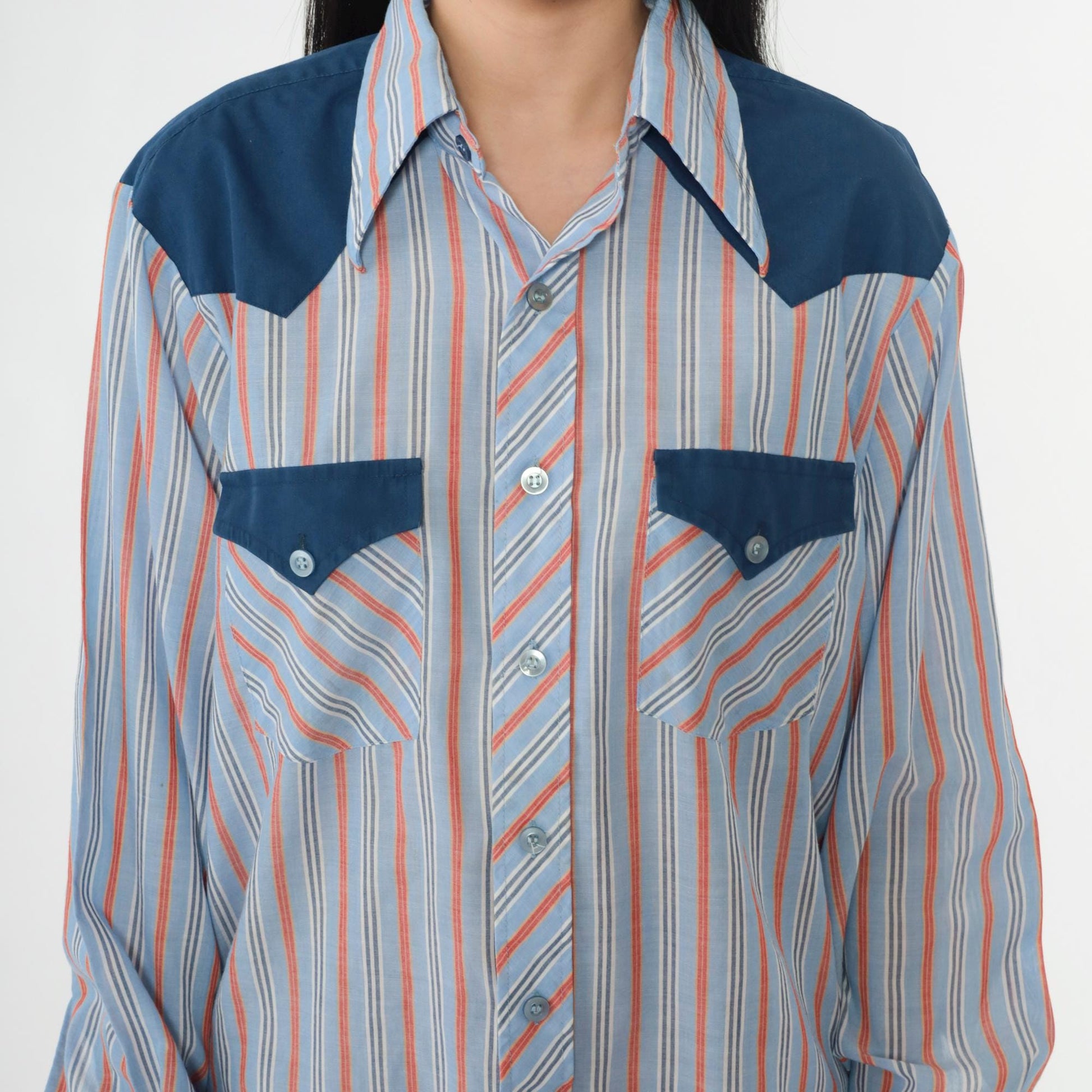 70s Western Shirt Blue Orange Striped Pearl Snap Dagger Collar Men's Medium