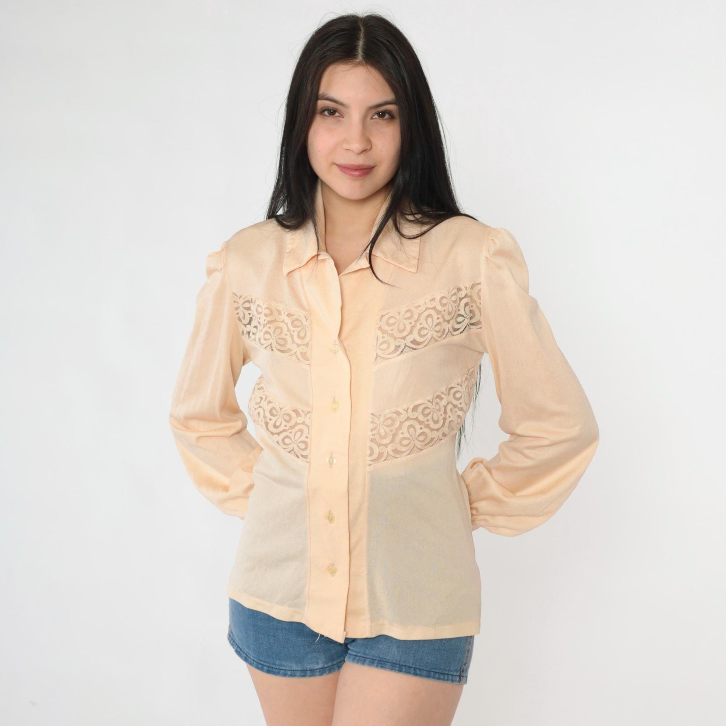 70s Peach Lace Blouse Puff Sleeve Button Up Sheer Cutwork Top Medium M