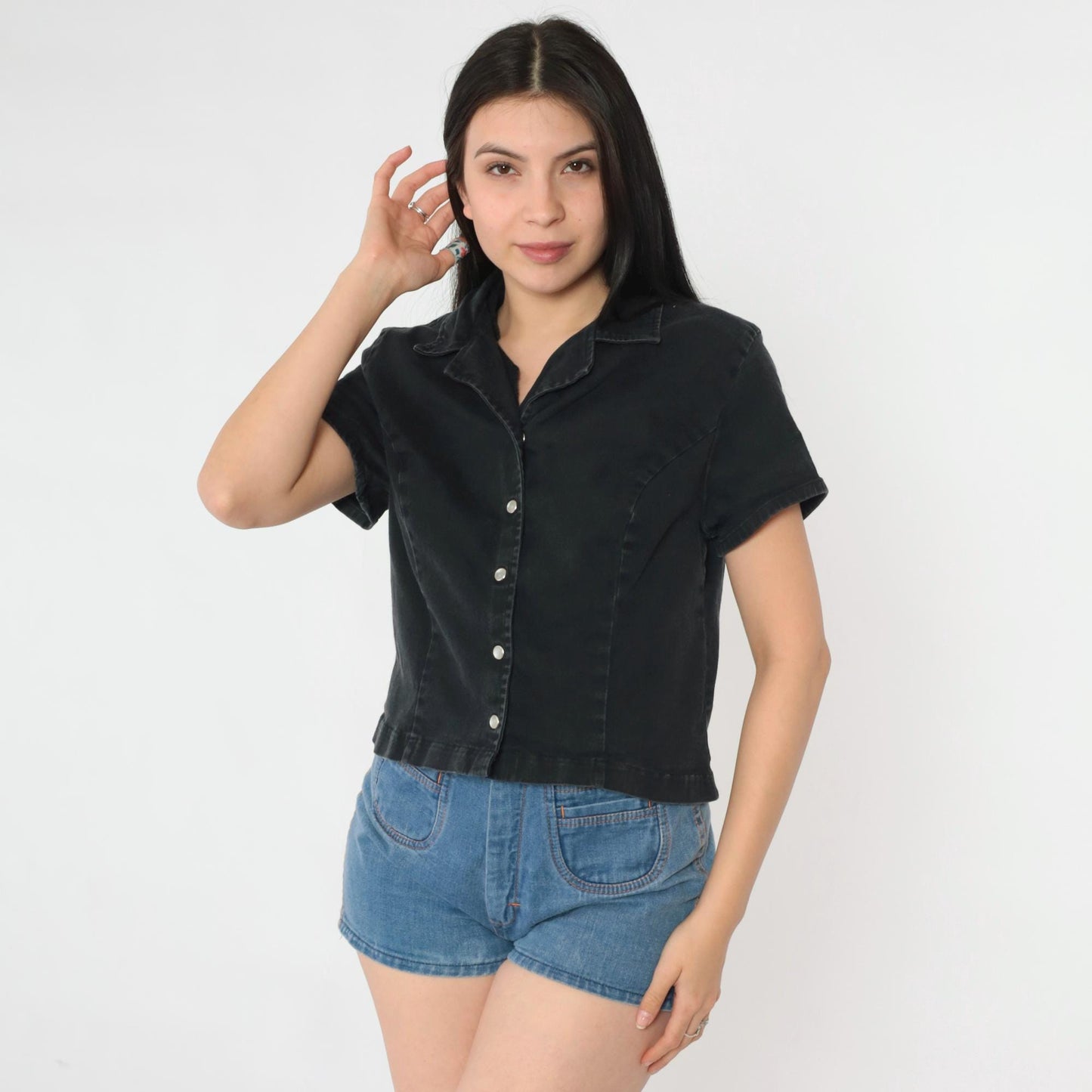 90s Black Pearl Snap Button Blouse Short Sleeve Fitted Crop Small S