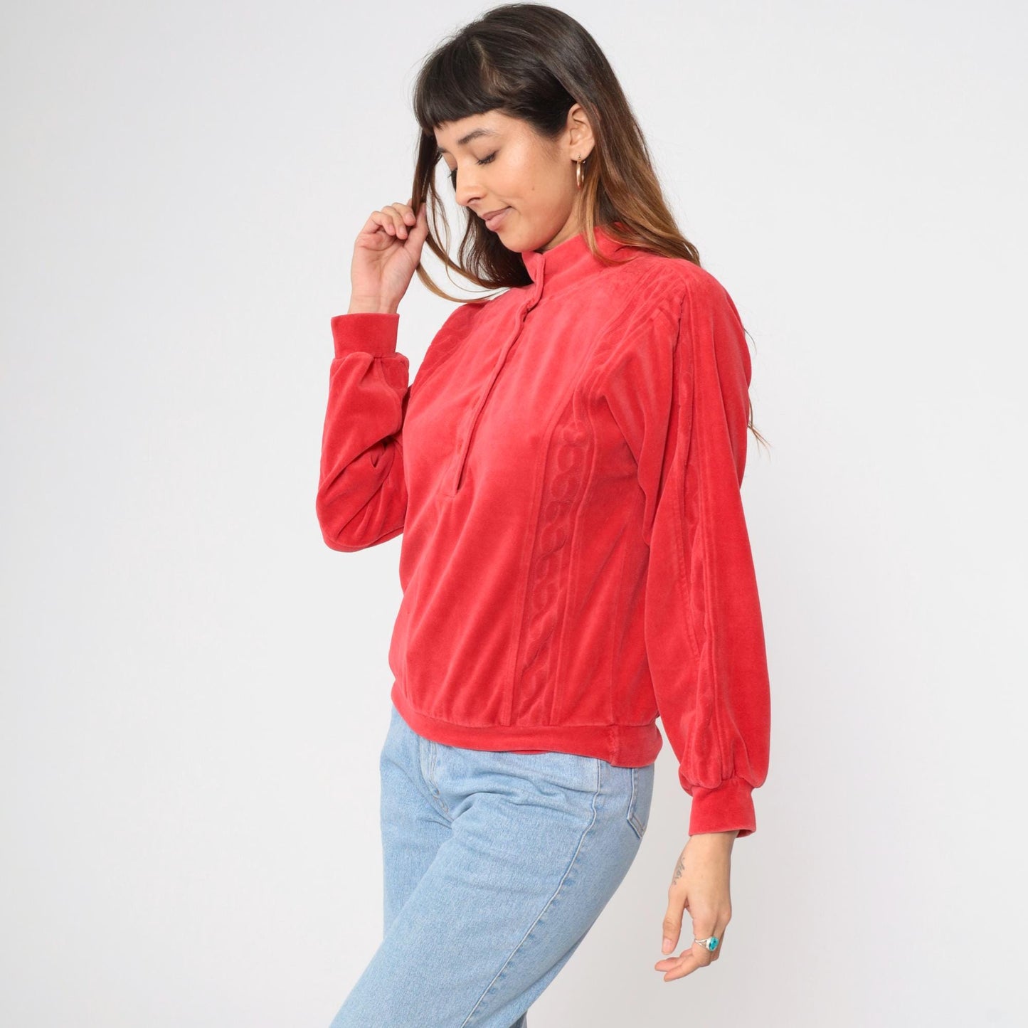 80s Red Velour Mock Neck Sweatshirt Button Front Pullover Medium M