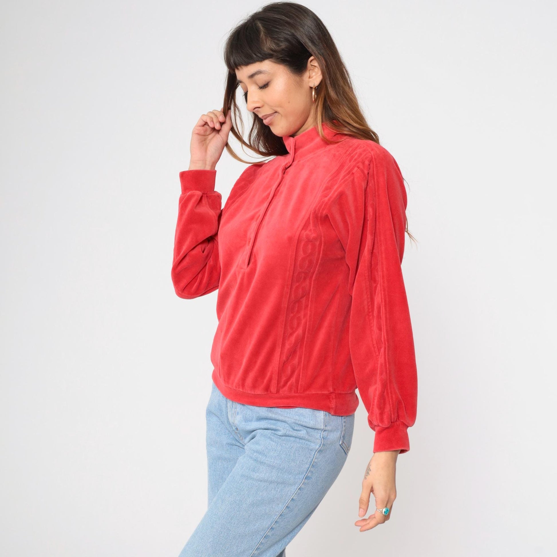 80s Red Velour Mock Neck Sweatshirt Button Front Pullover Medium M