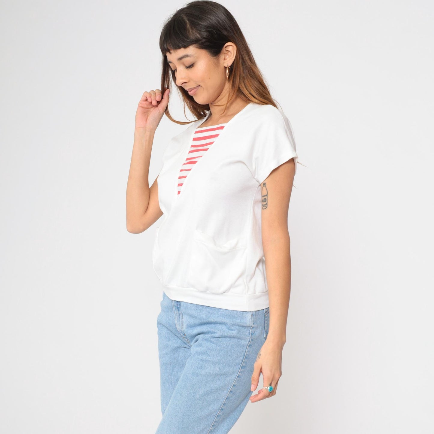 80s White Red Striped T-Shirt Nautical Pocket Tee Short Sleeve Small S