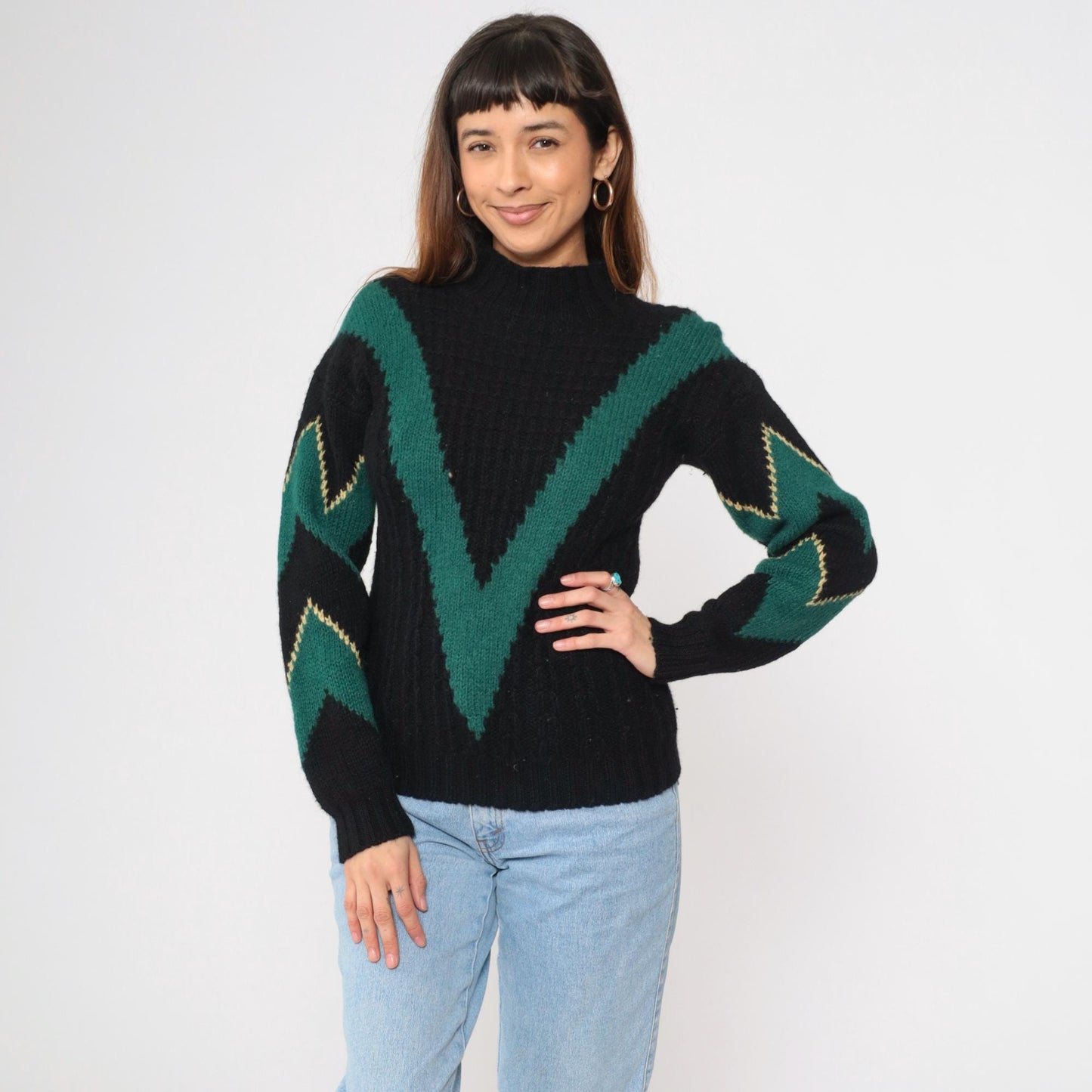 80s Skyr Sportswear Wool Sweater Chevron Zigzag Mock Neck Black Extra Small