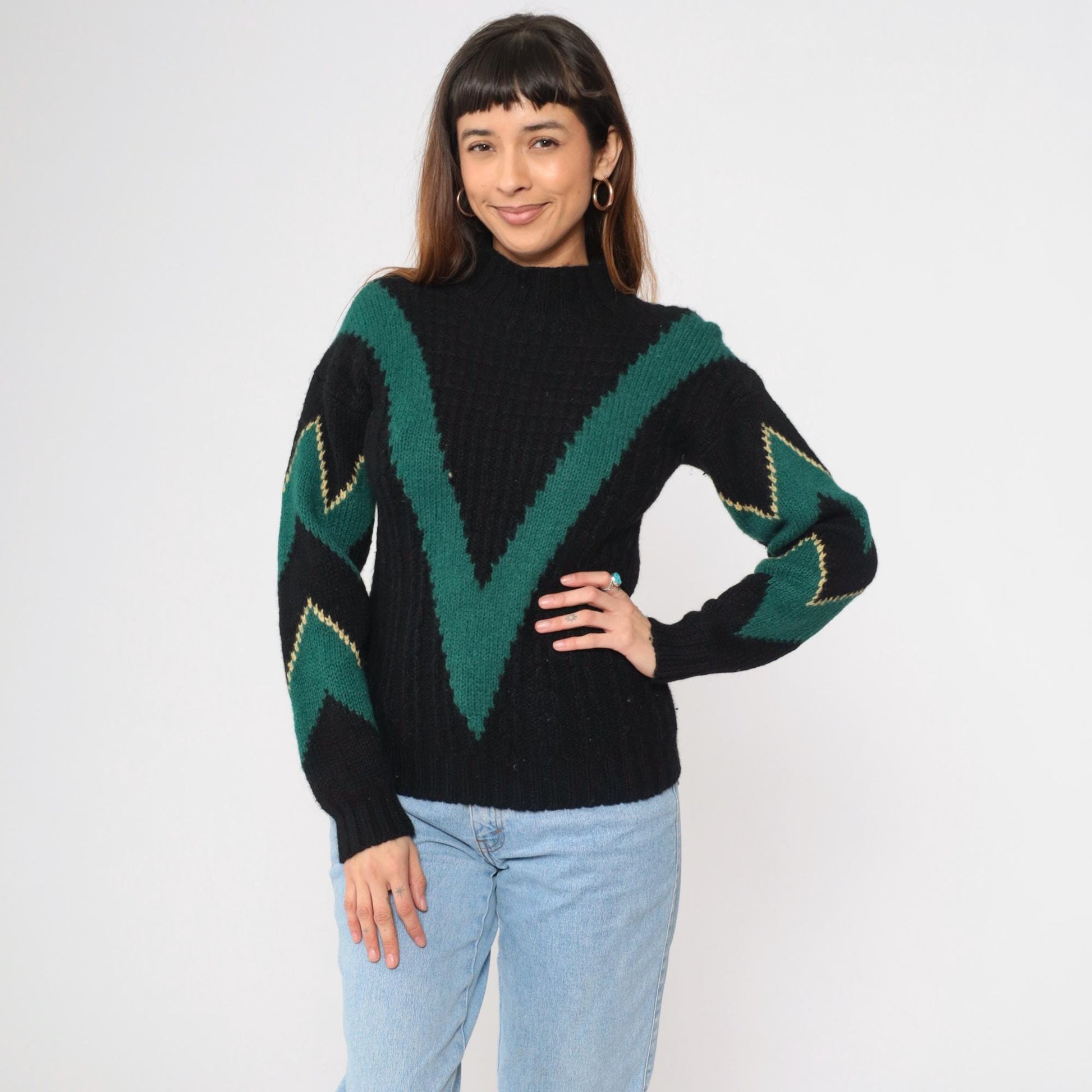 80s Skyr Sportswear Wool Sweater Chevron Zigzag Mock Neck Black Extra Small