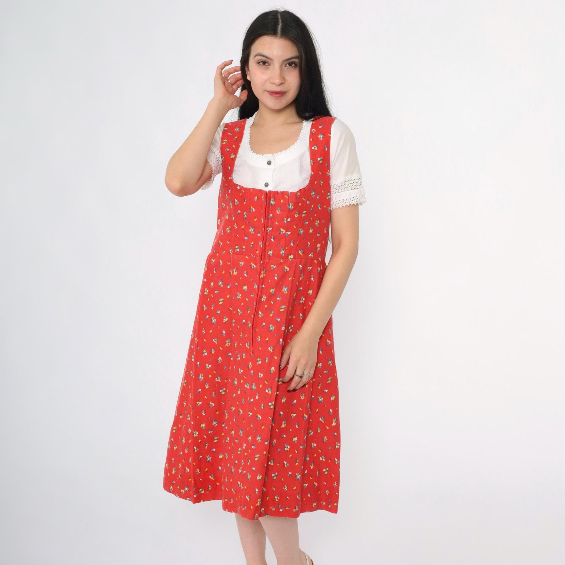 70s Red Calico Floral Dirndl Midi Dress Sleeveless High Waist Zip Medium