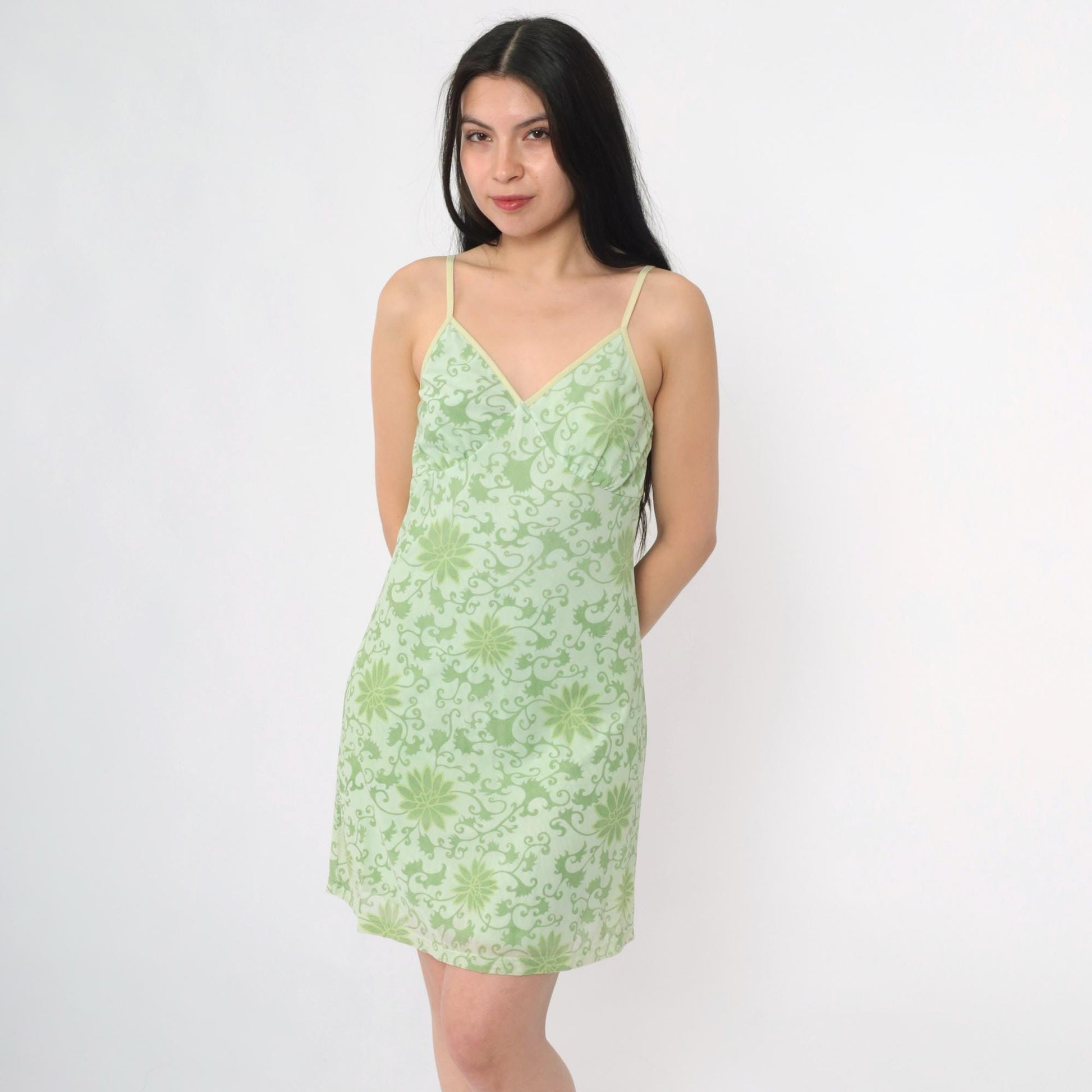 Y2K Green Floral Mesh Mini Dress Spaghetti Strap Empire Waist Small
