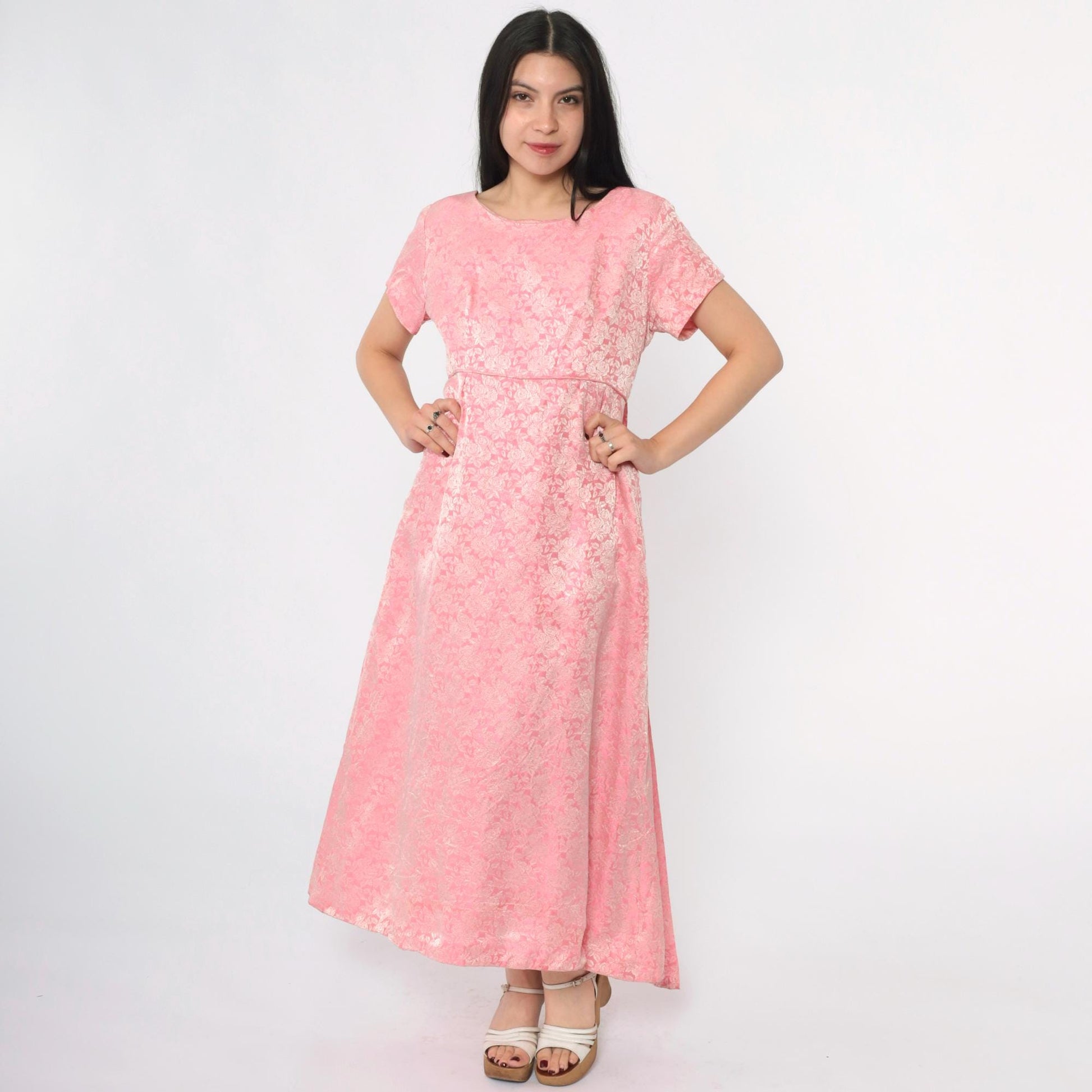 1960s Pink Floral Brocade Maxi Dress Bow Back High Waist Short Sleeve Medium