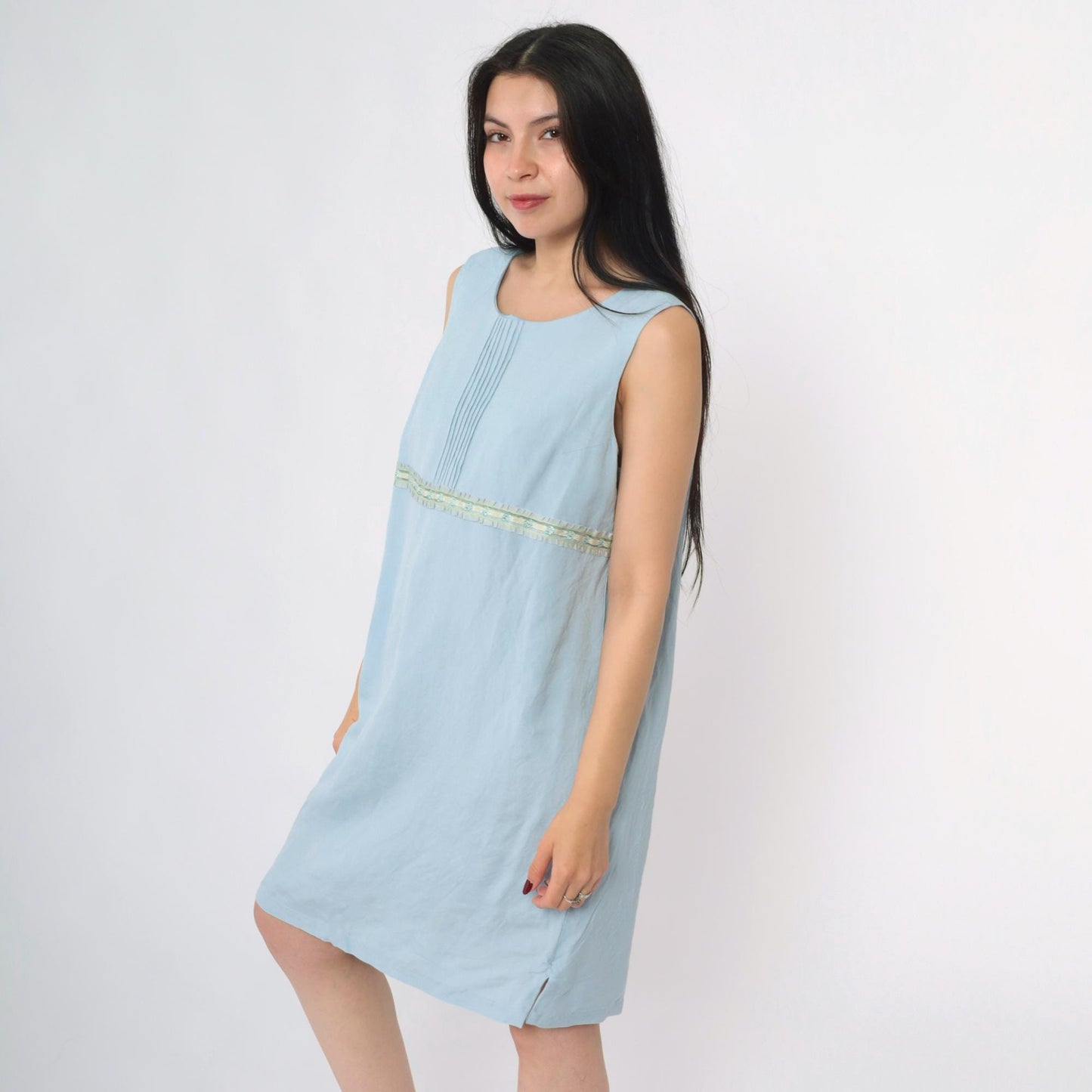 Y2K Coldwater Creek Powder Blue Linen Shift Dress Pintuck Ribbon Trim Petite 12