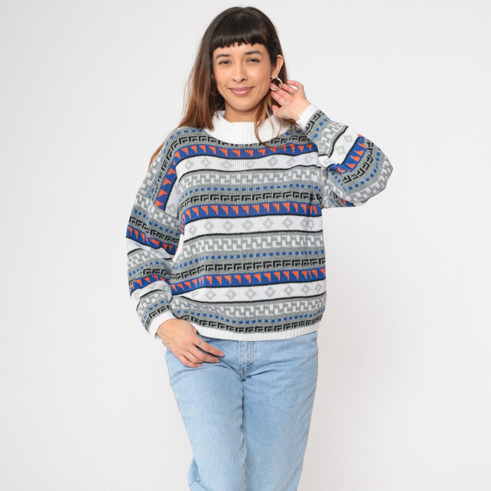 80s Geometric Striped Knit Sweater White Blue Mock Neck Pullover Medium