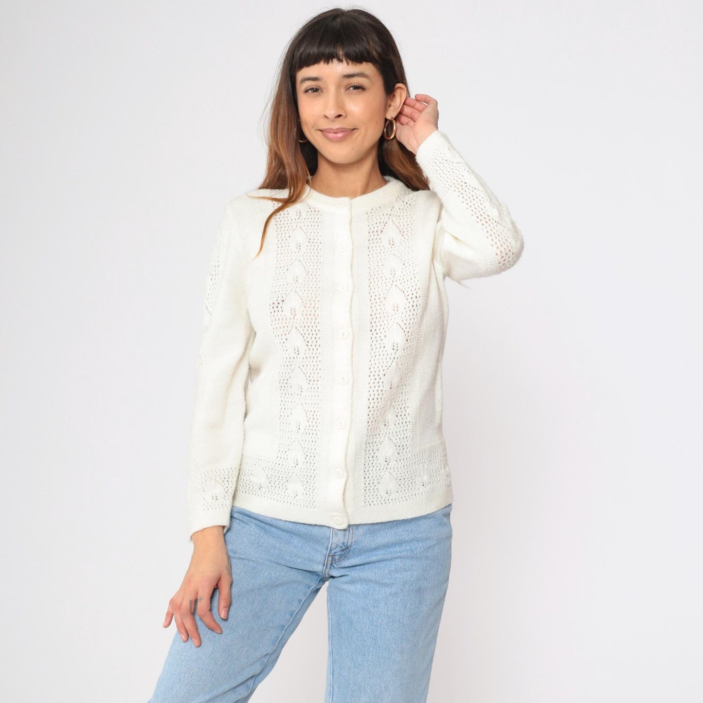 80s White Openwork Cardigan Leaf Motif Button-Up Crew Neck Small