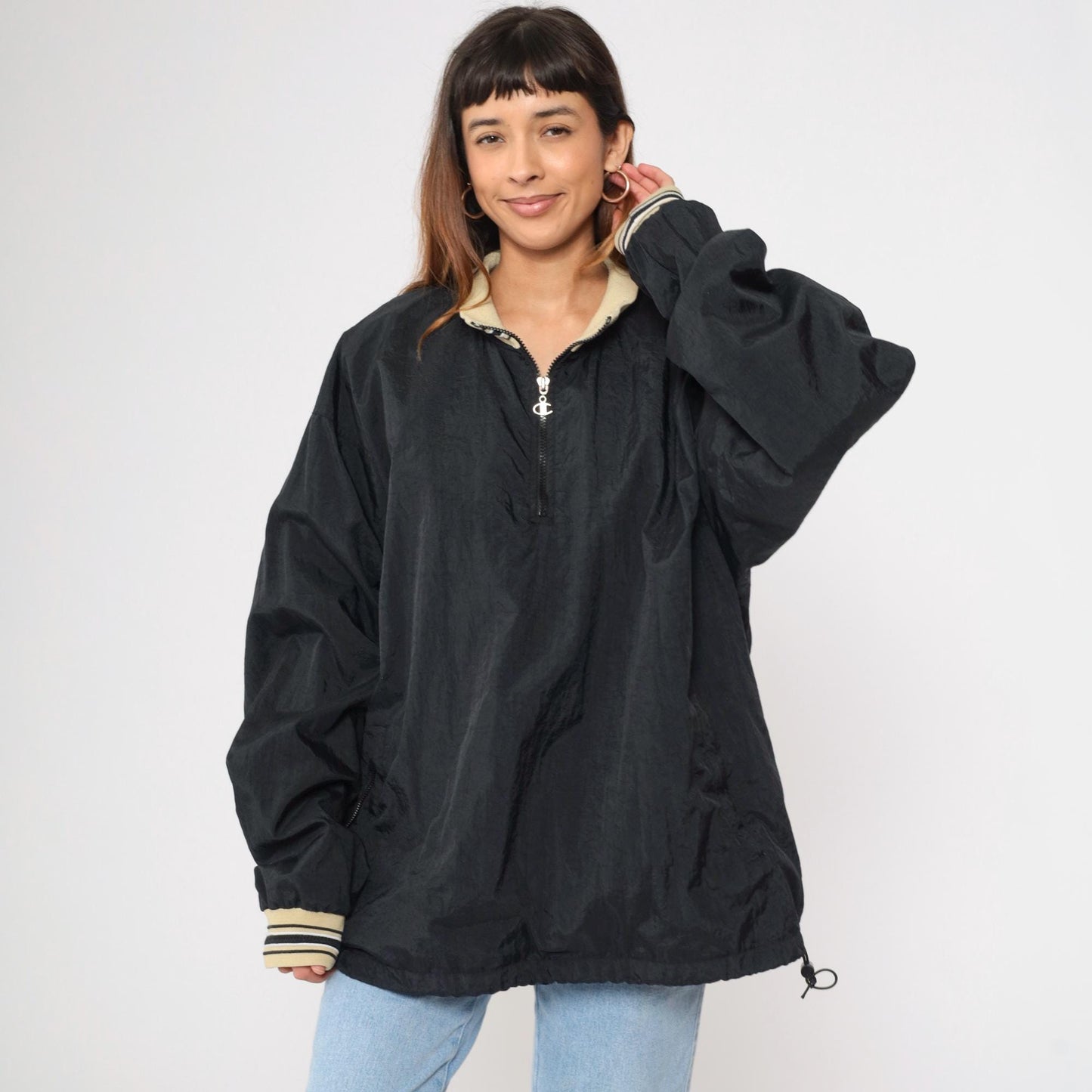 Y2K Champion Windbreaker Jacket Black Nylon Quarter Zip Pullover Extra Extra Large XXL