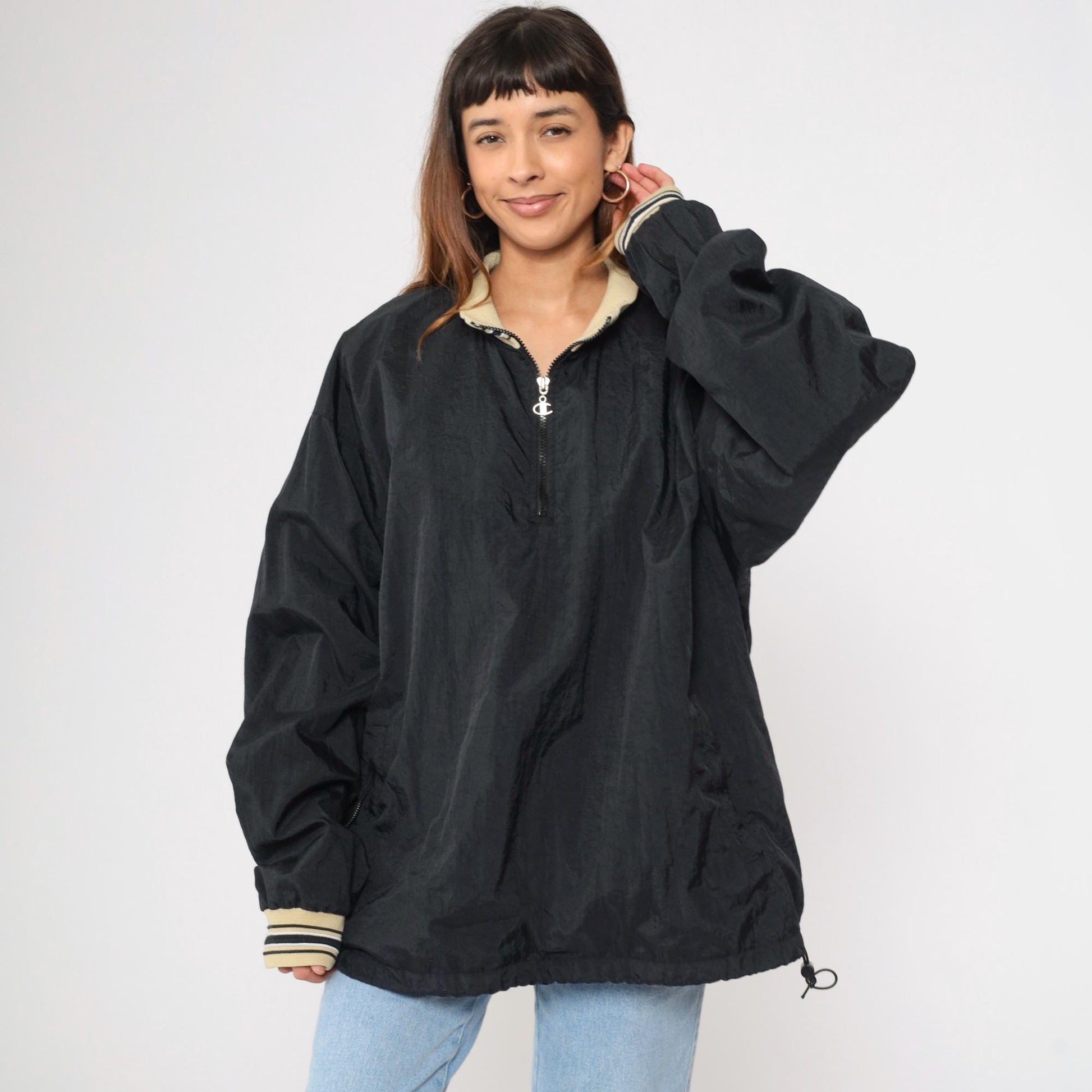 Y2K Champion Windbreaker Jacket Black Nylon Quarter Zip Pullover Extra Extra Large XXL