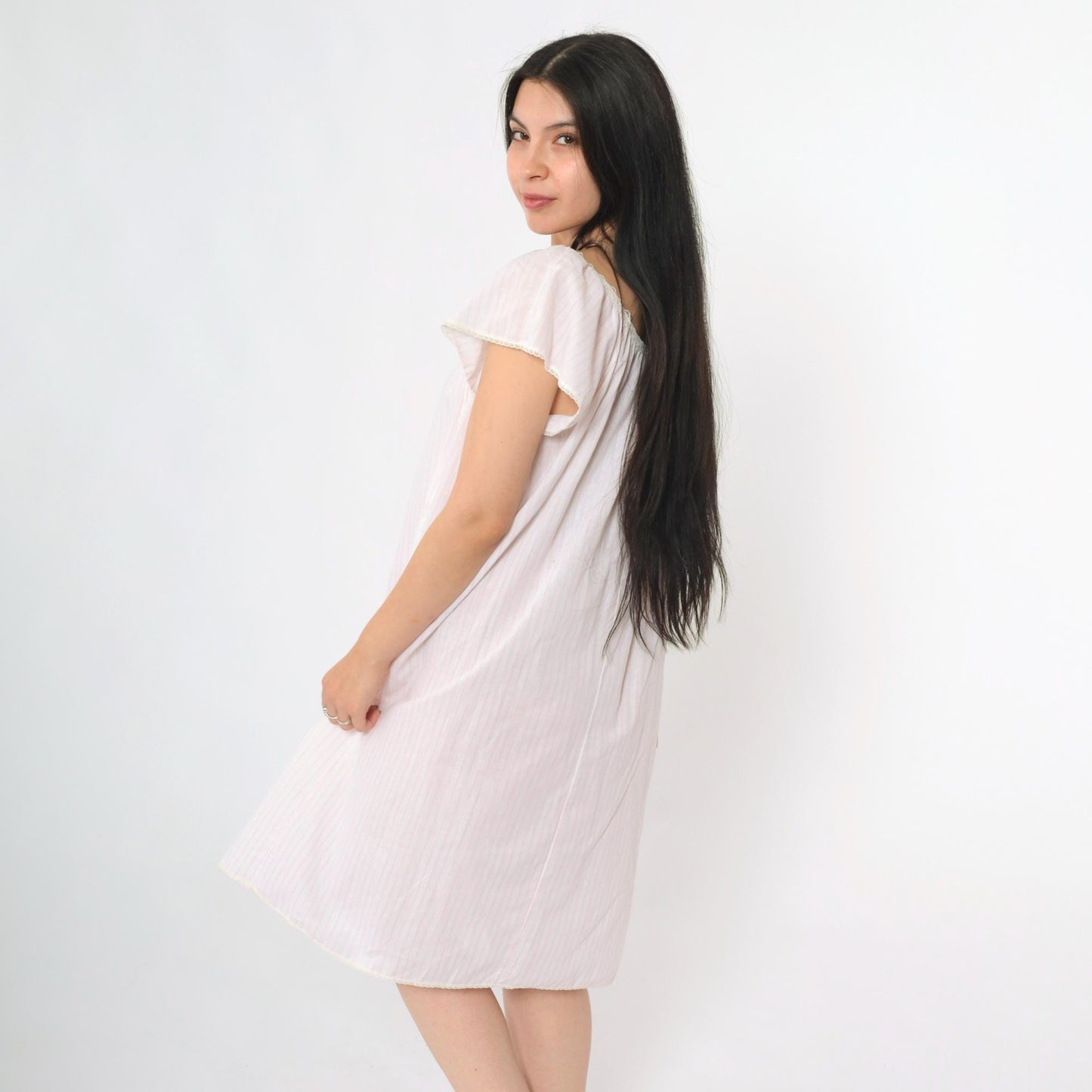 80s Miss Elaine Pink Striped Midi Nightgown Lace Scoop Neck Medium
