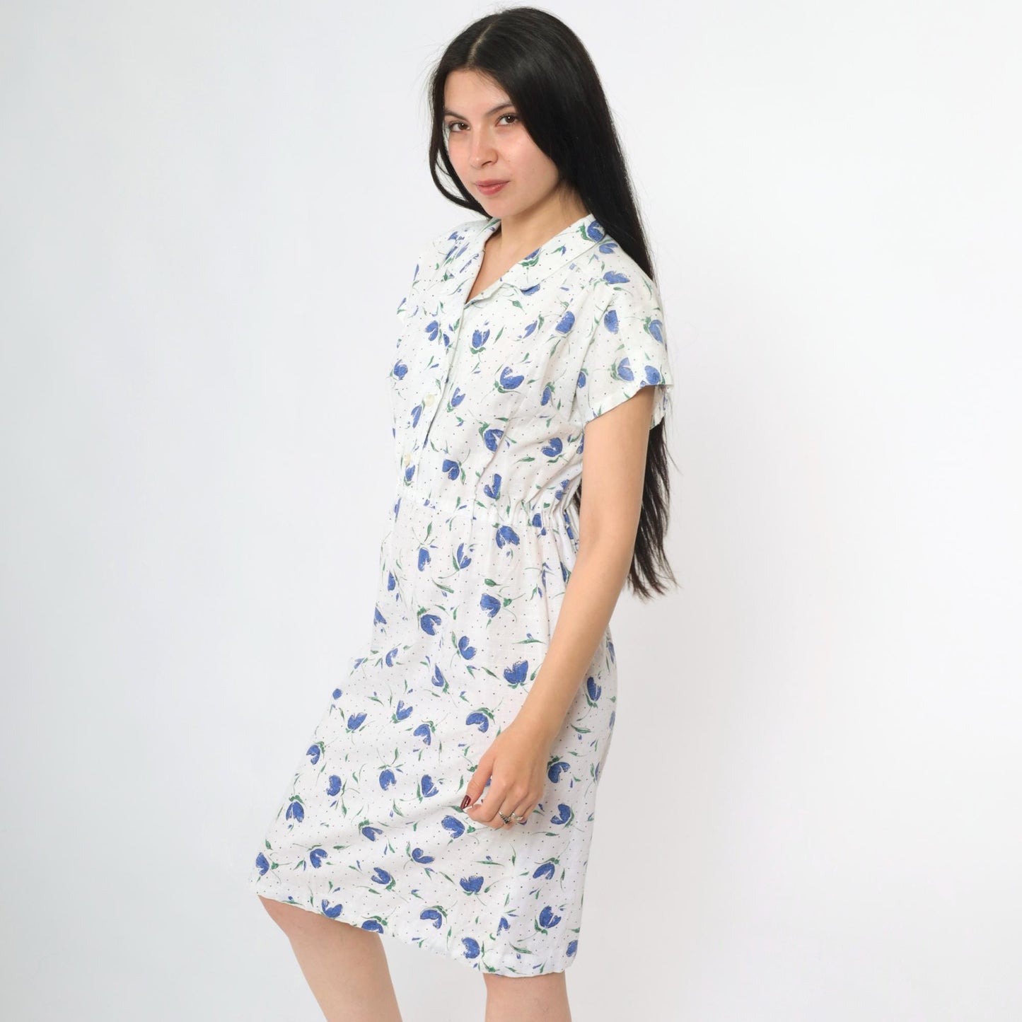80s White Blue Floral Midi Shirtdress High Waist Button Front Small