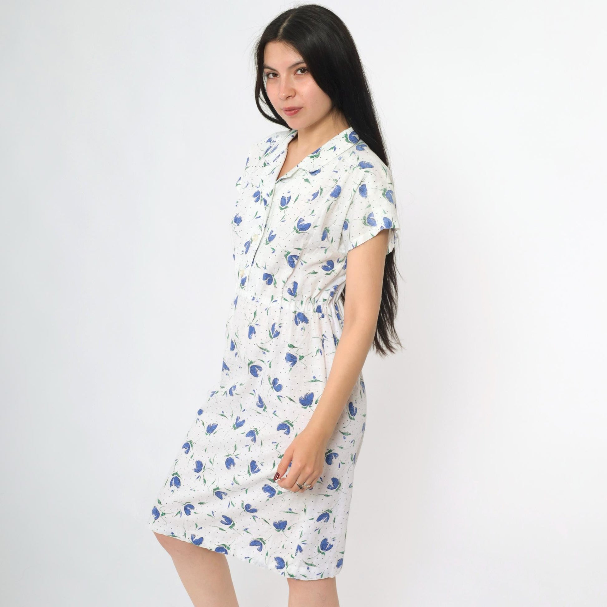 80s White Blue Floral Midi Shirtdress High Waist Button Front Small