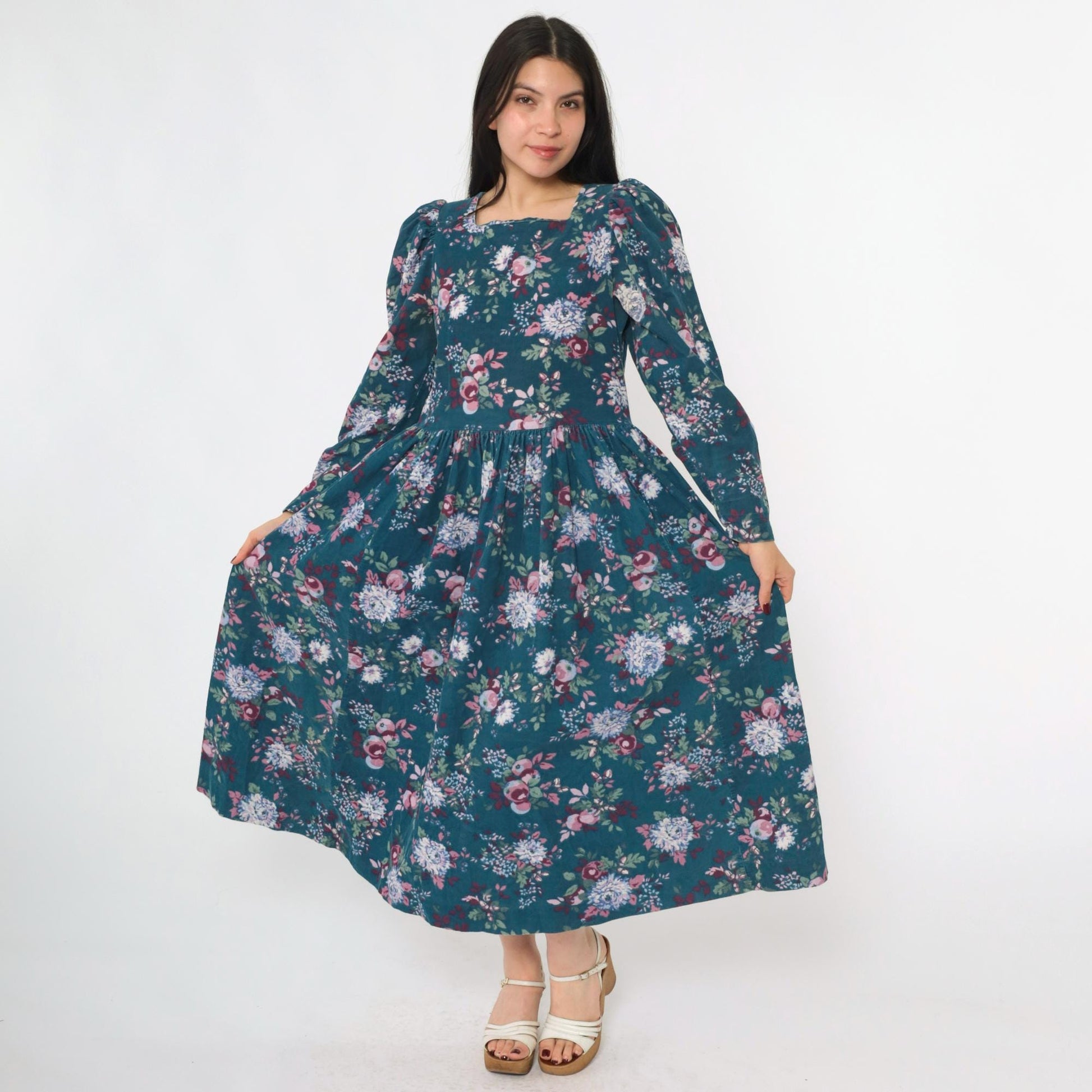 80s Laura Ashley Corduroy Floral Midi Dress Teal Puff Sleeve Medium