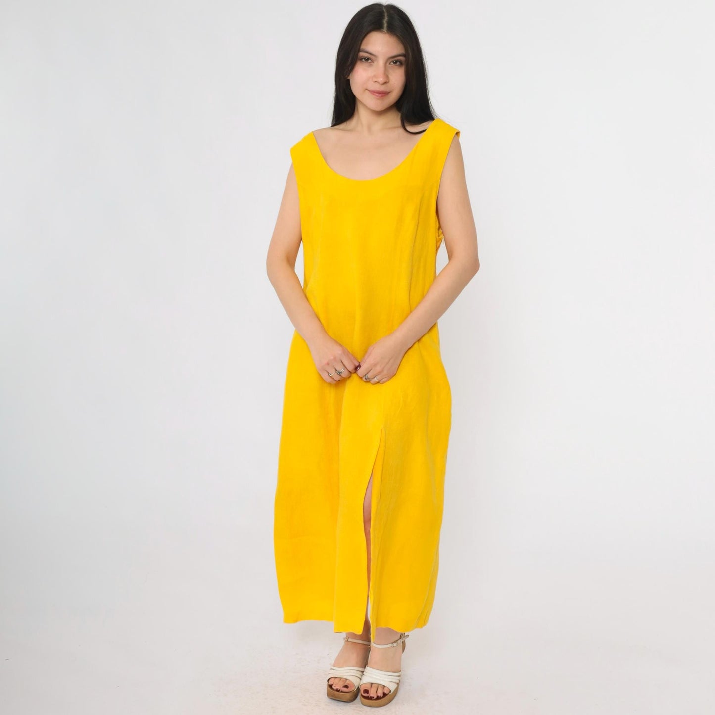 90s Navora Yellow Linen Maxi Dress Cutout Back O-Ring Straps Large L