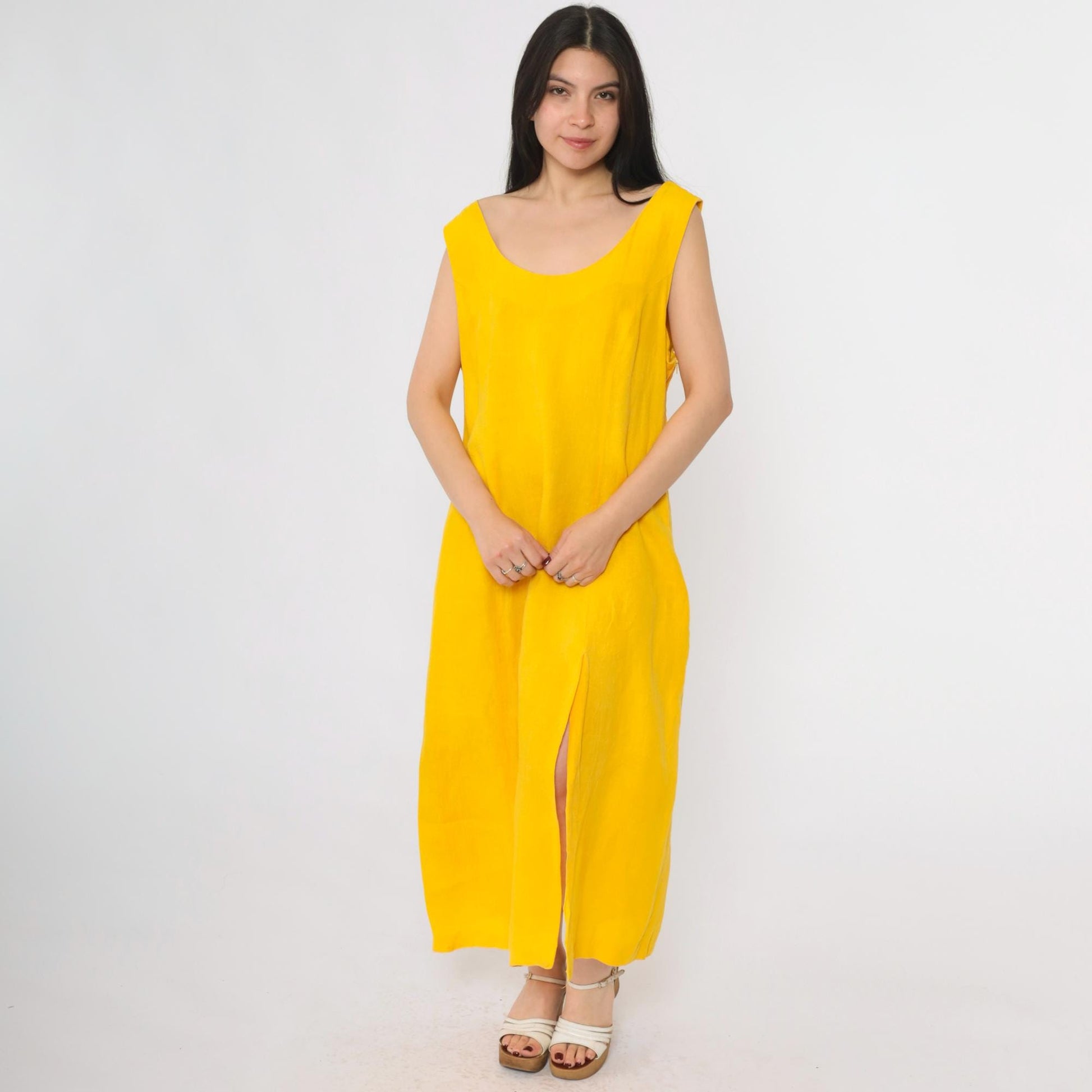 90s Navora Yellow Linen Maxi Dress Cutout Back O-Ring Straps Large L