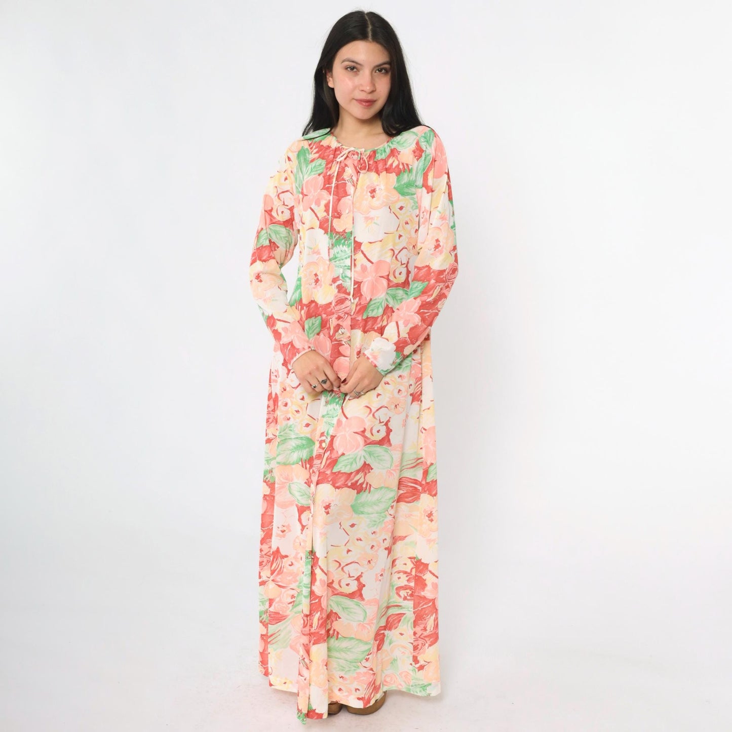 70s Gossard Artemis Floral Maxi Nightgown Long Sleeve Button Front Small S