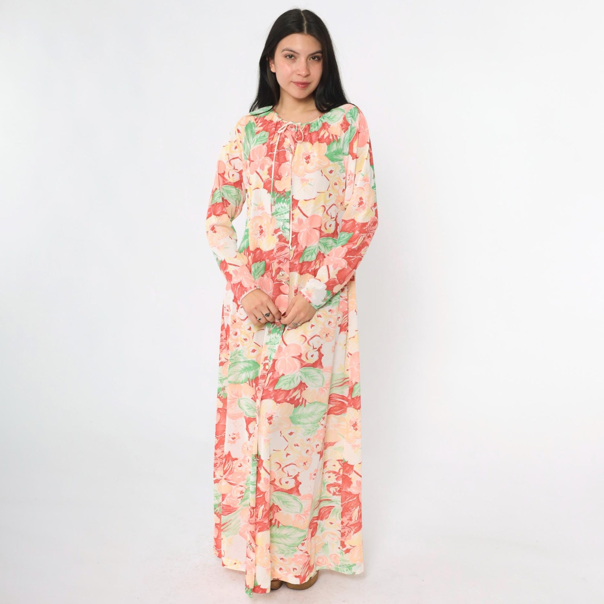 70s Gossard Artemis Floral Maxi Nightgown Long Sleeve Button Front Small S