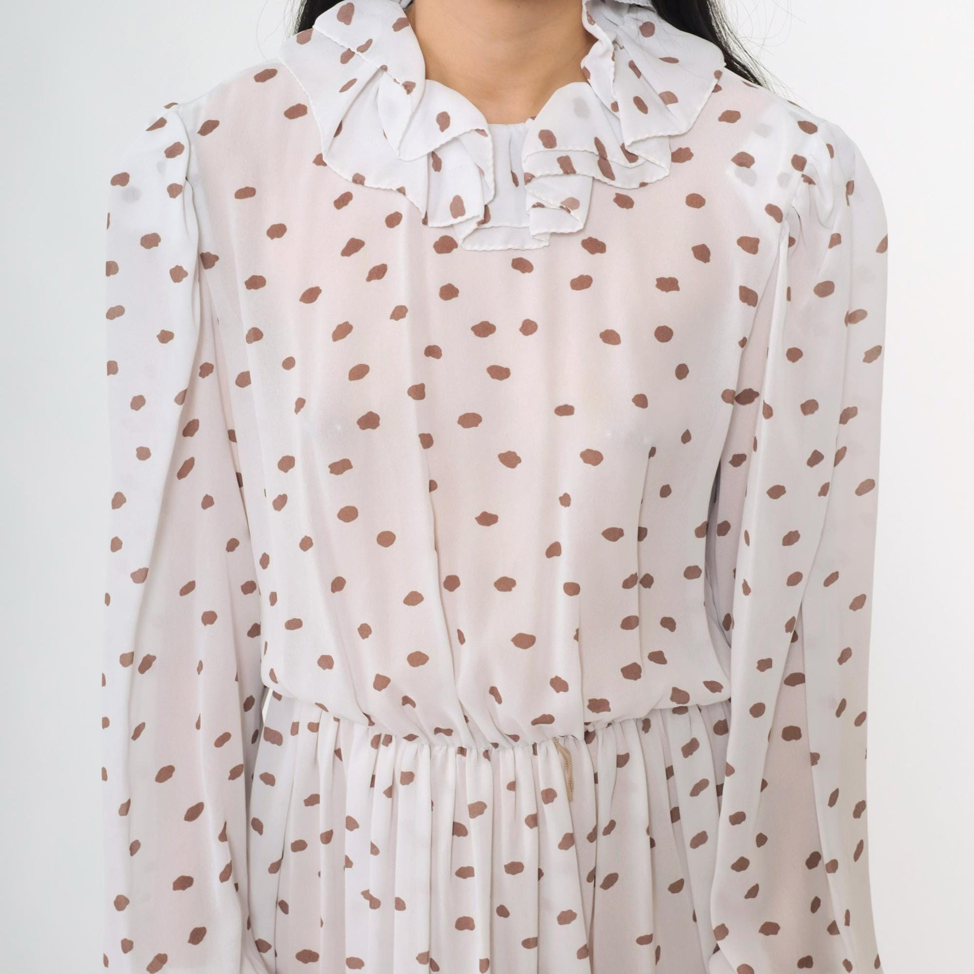 80s White Polka Dot Midi Dress Puff Sleeve Ruffled Collar High Waist Medium