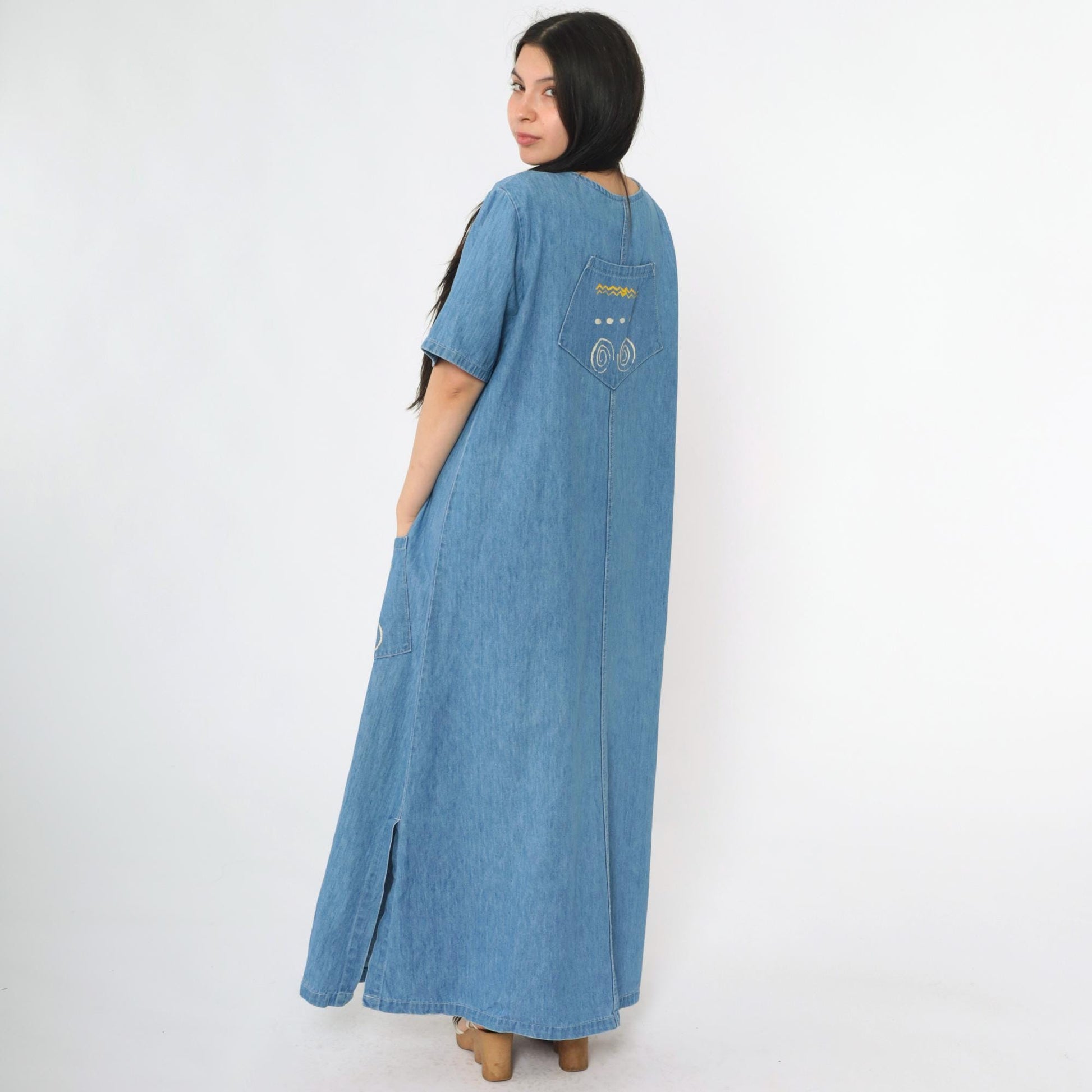 90s Over Charge Blue Denim Maxi Dress Reggae Graphic Short Sleeve Medium M