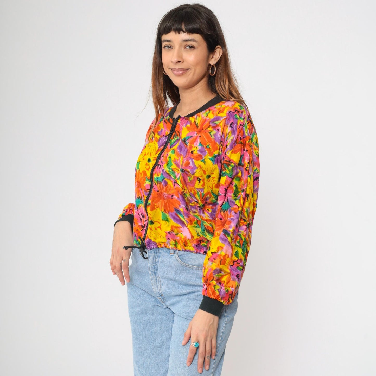 90s Floral Abstract Bomber Jacket Windbreaker Cropped Zip Drawstring Small