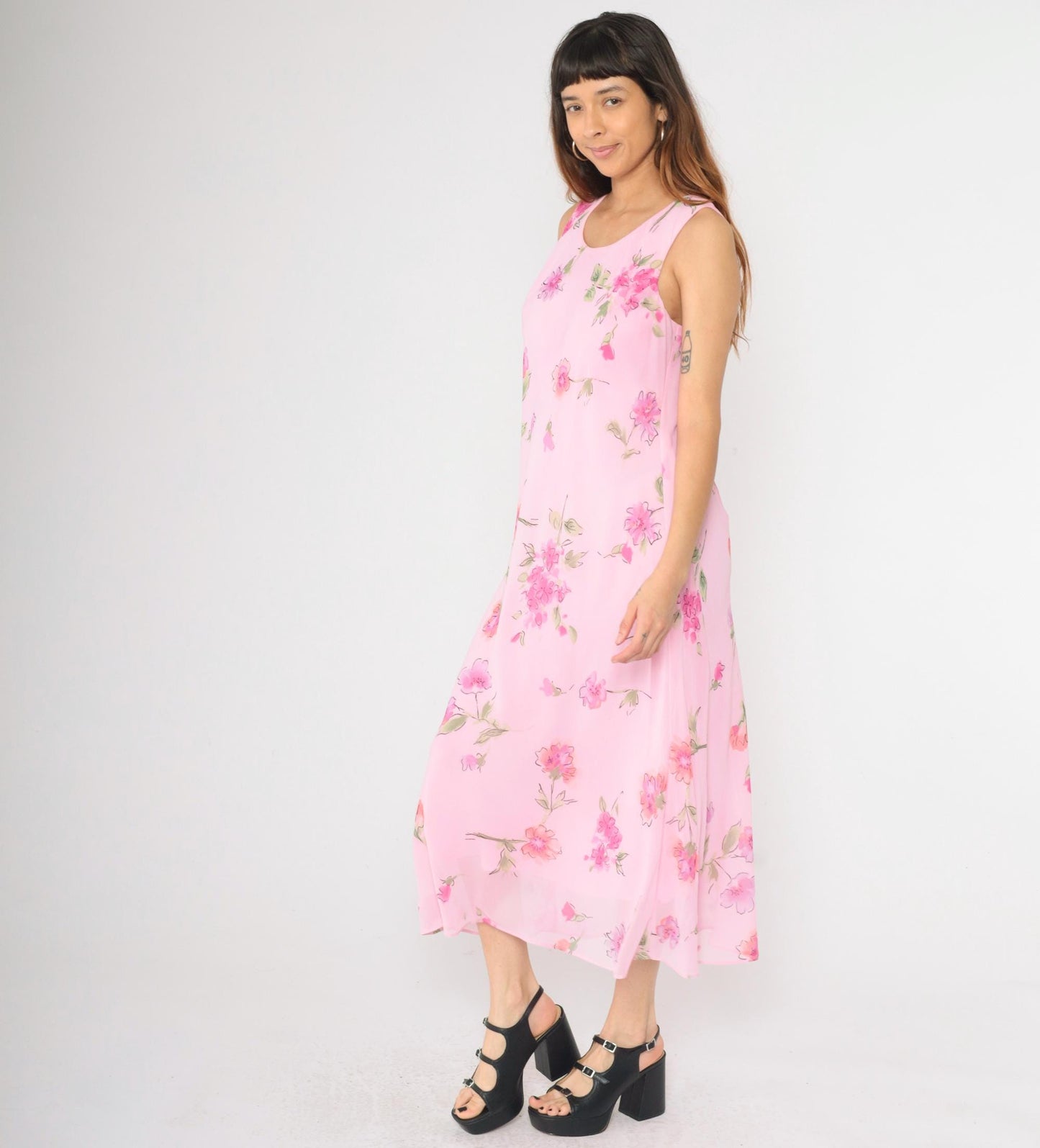 90s Pink Floral Maxi Dress Sleeveless Scoop Neck Chiffon Overlay Large 12