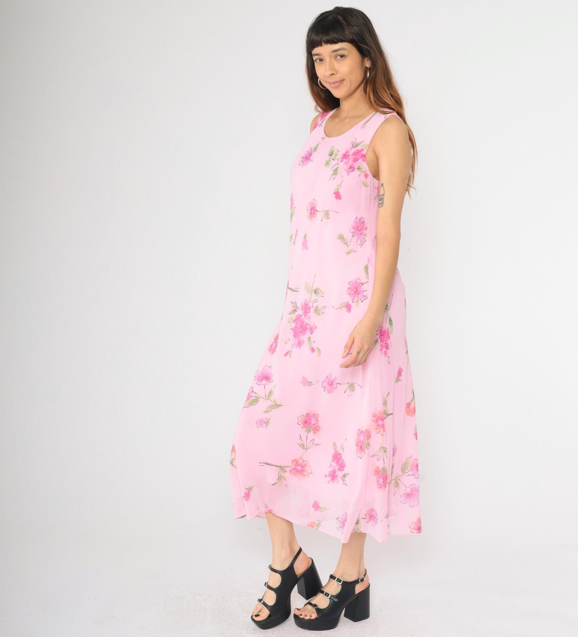 90s Pink Floral Maxi Dress Sleeveless Scoop Neck Chiffon Overlay Large 12