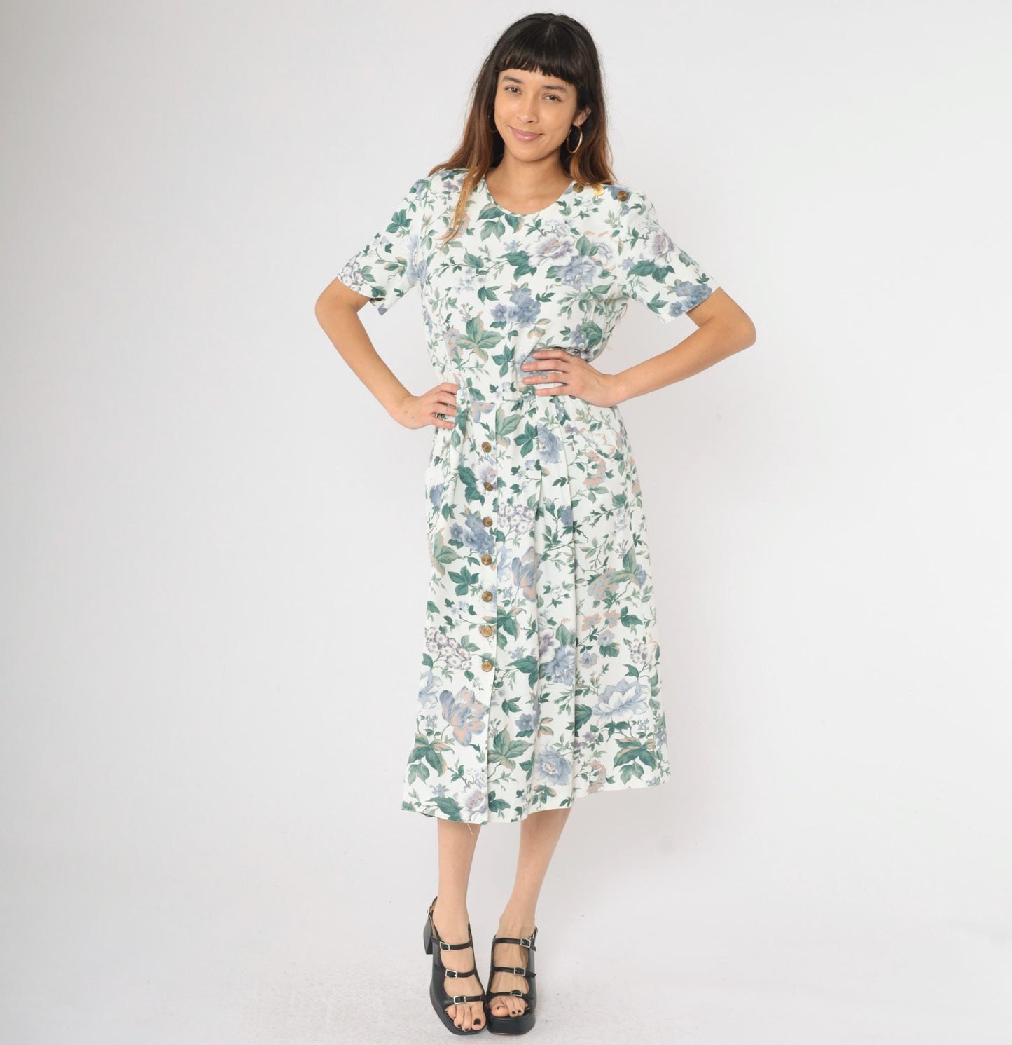 90s Floral Button Midi Dress White Blue Green Print Short Sleeve Medium M