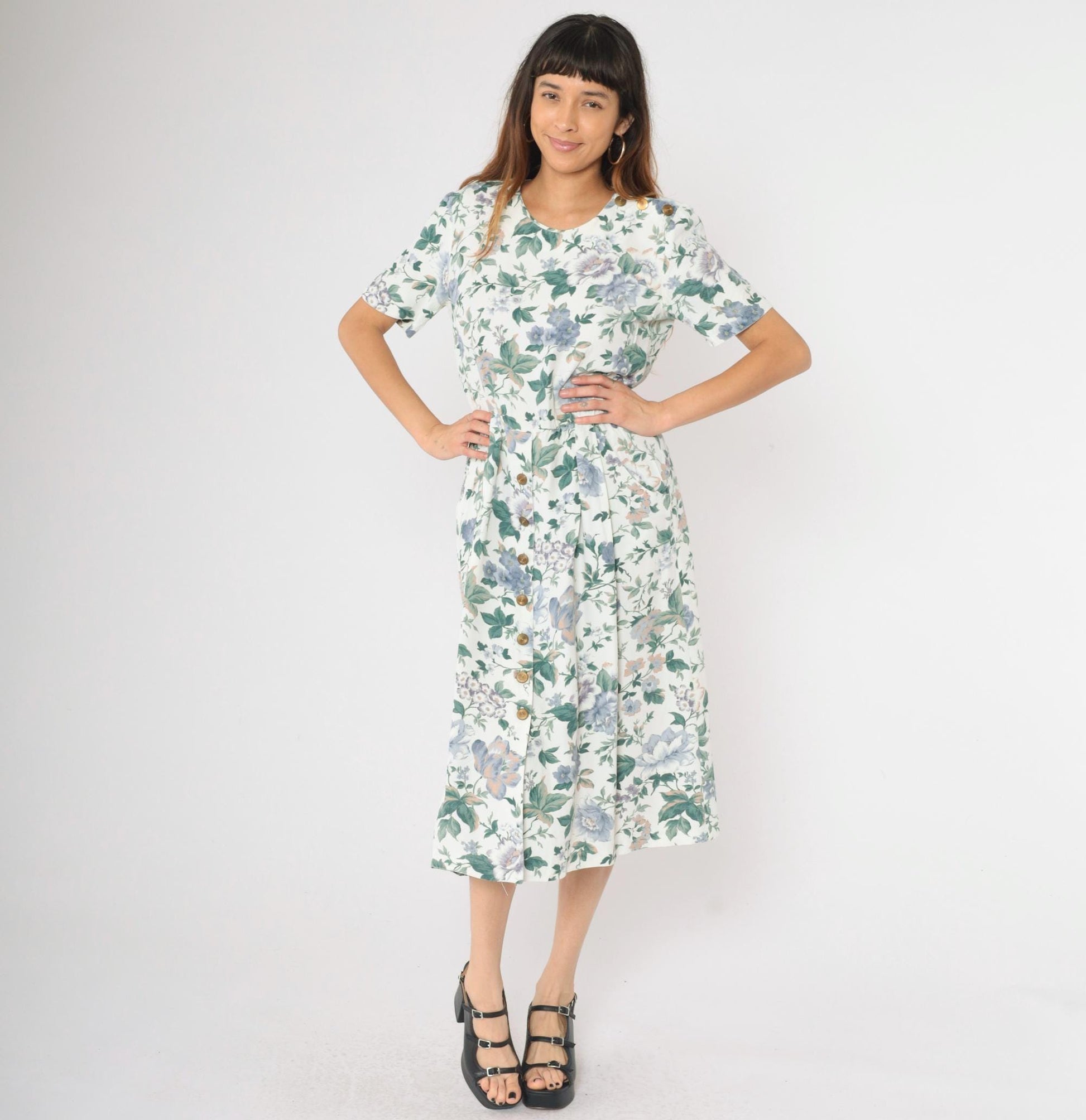 90s Floral Button Midi Dress White Blue Green Print Short Sleeve Medium M
