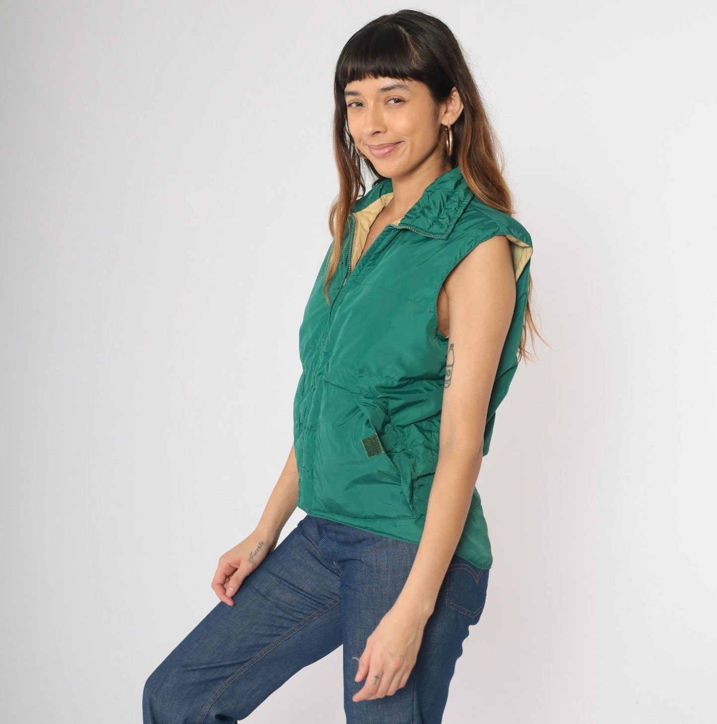 80s Green Puffer Vest Zip-Up Sleeveless Jacket Small S