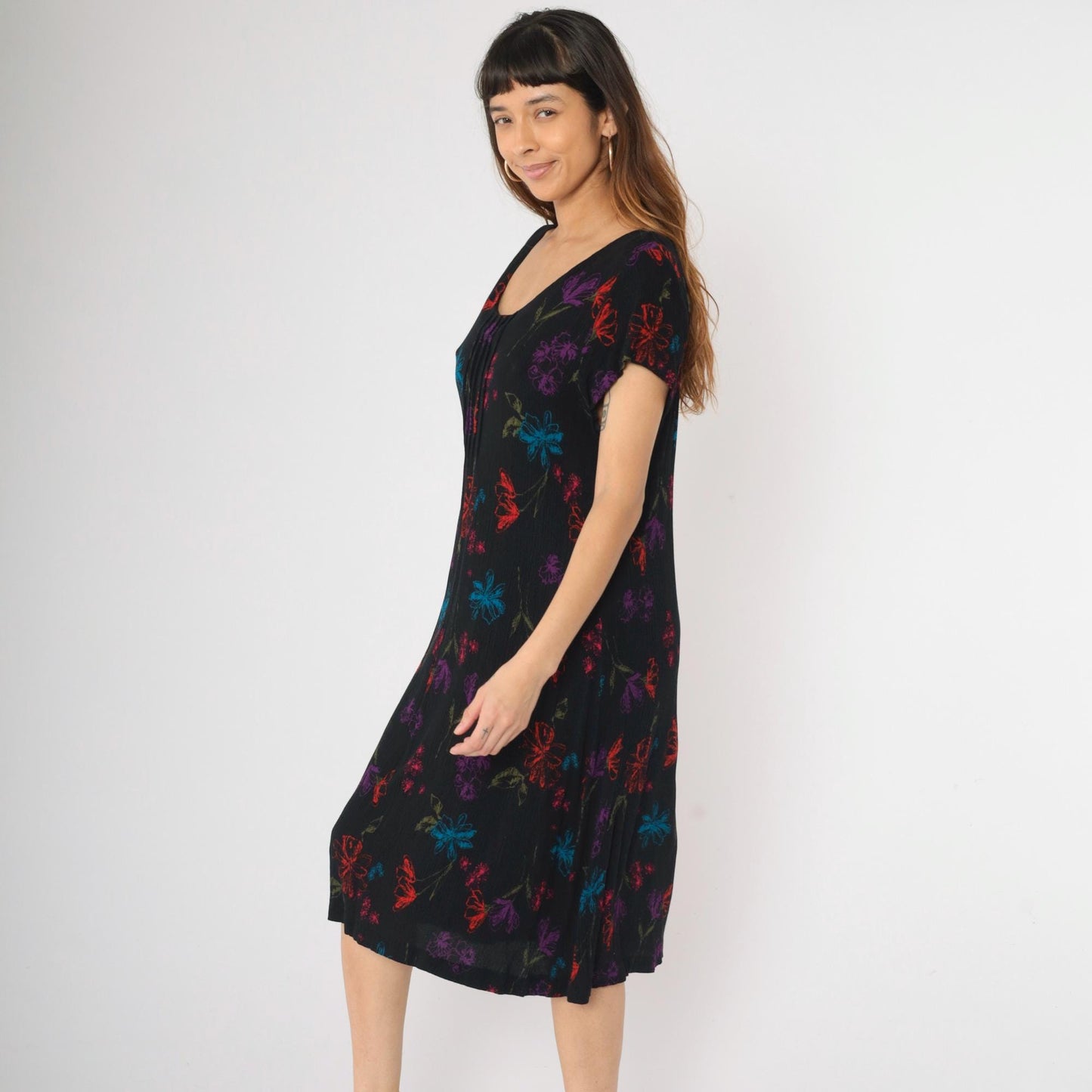 90s Black Floral Rayon Midi Dress Pintucked Scoop Neck Short Sleeve Medium Large