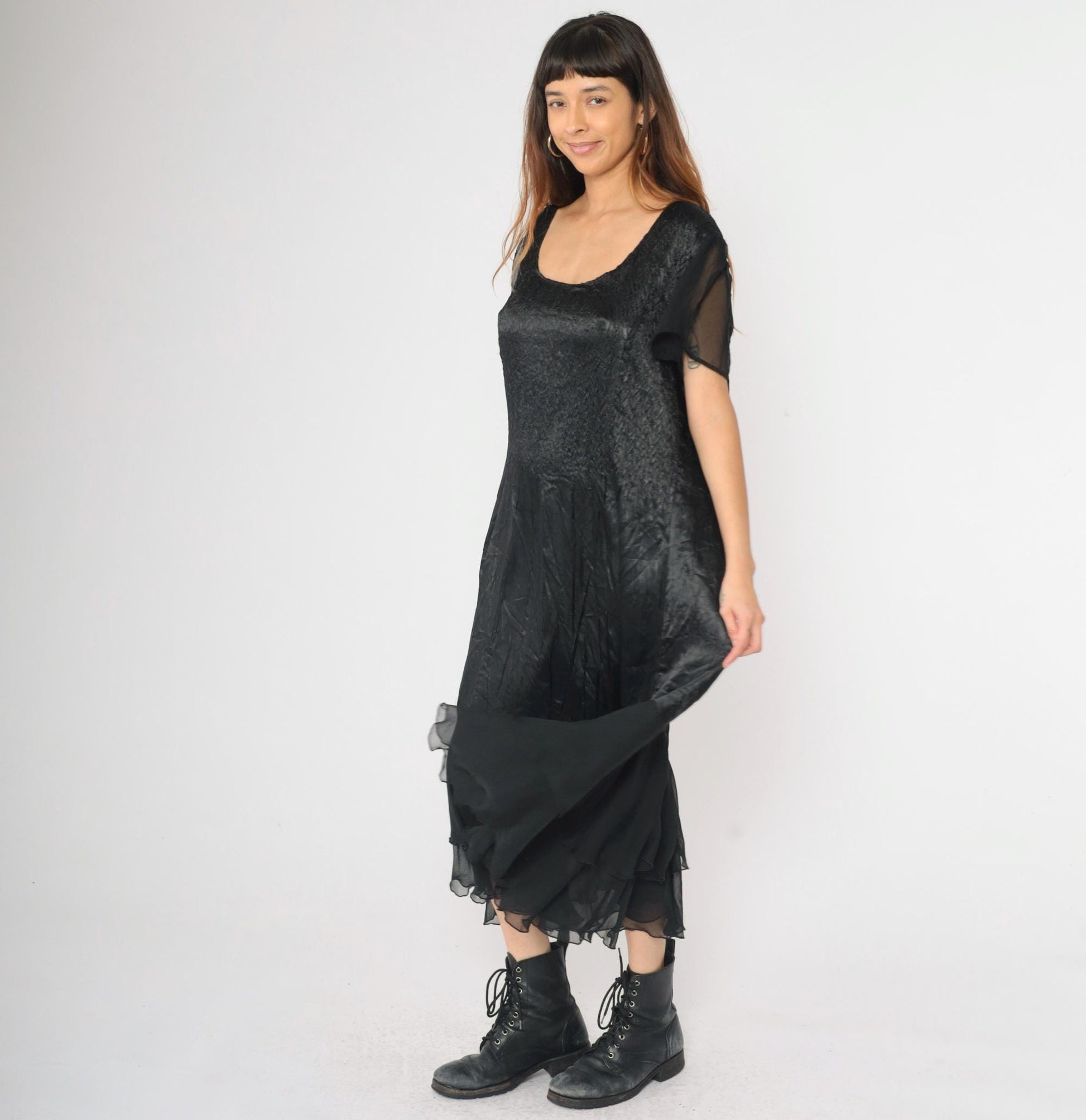 90s Black Satin Tiered Chiffon Midi Dress Flutter Sleeve Scoop Neck Large
